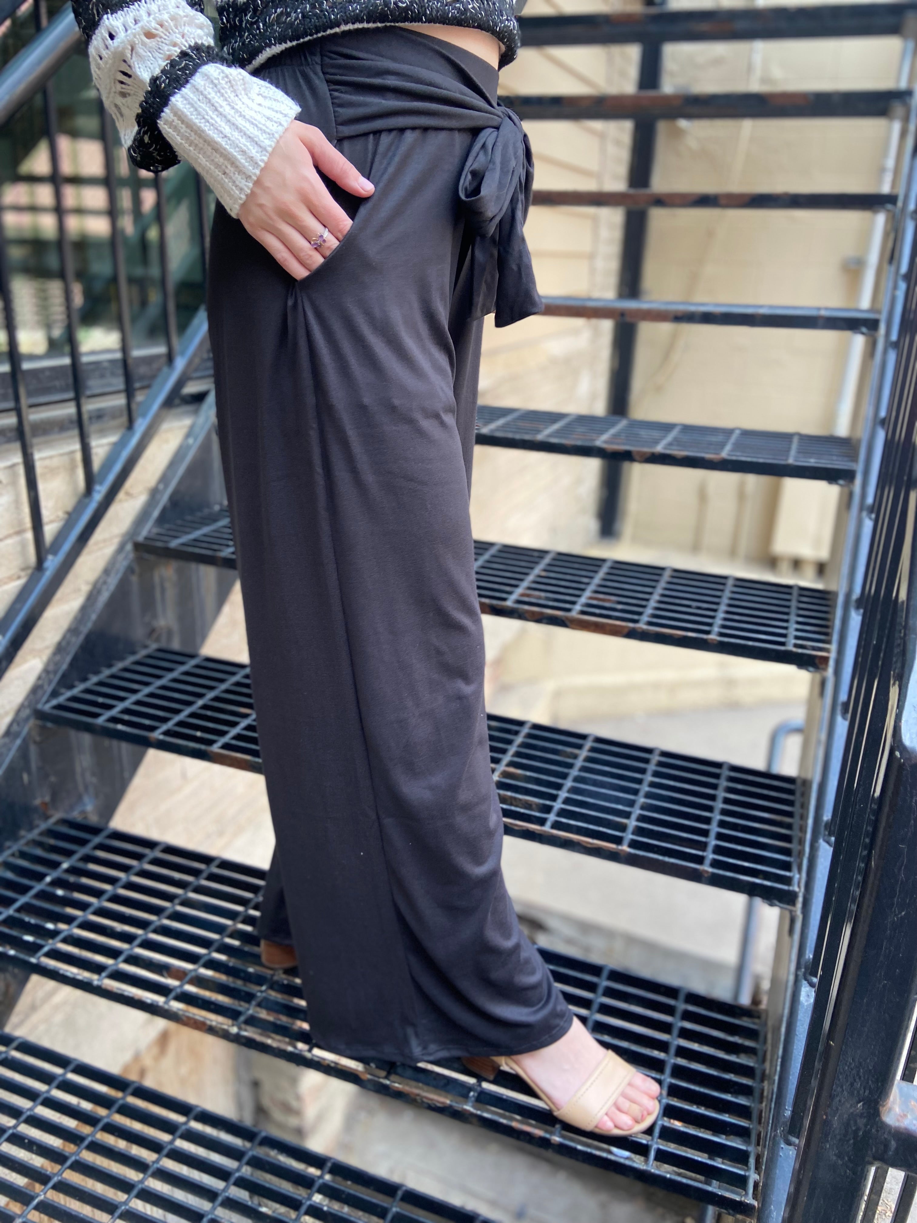 Barry Black Front Tie Knit Palazzo Pants