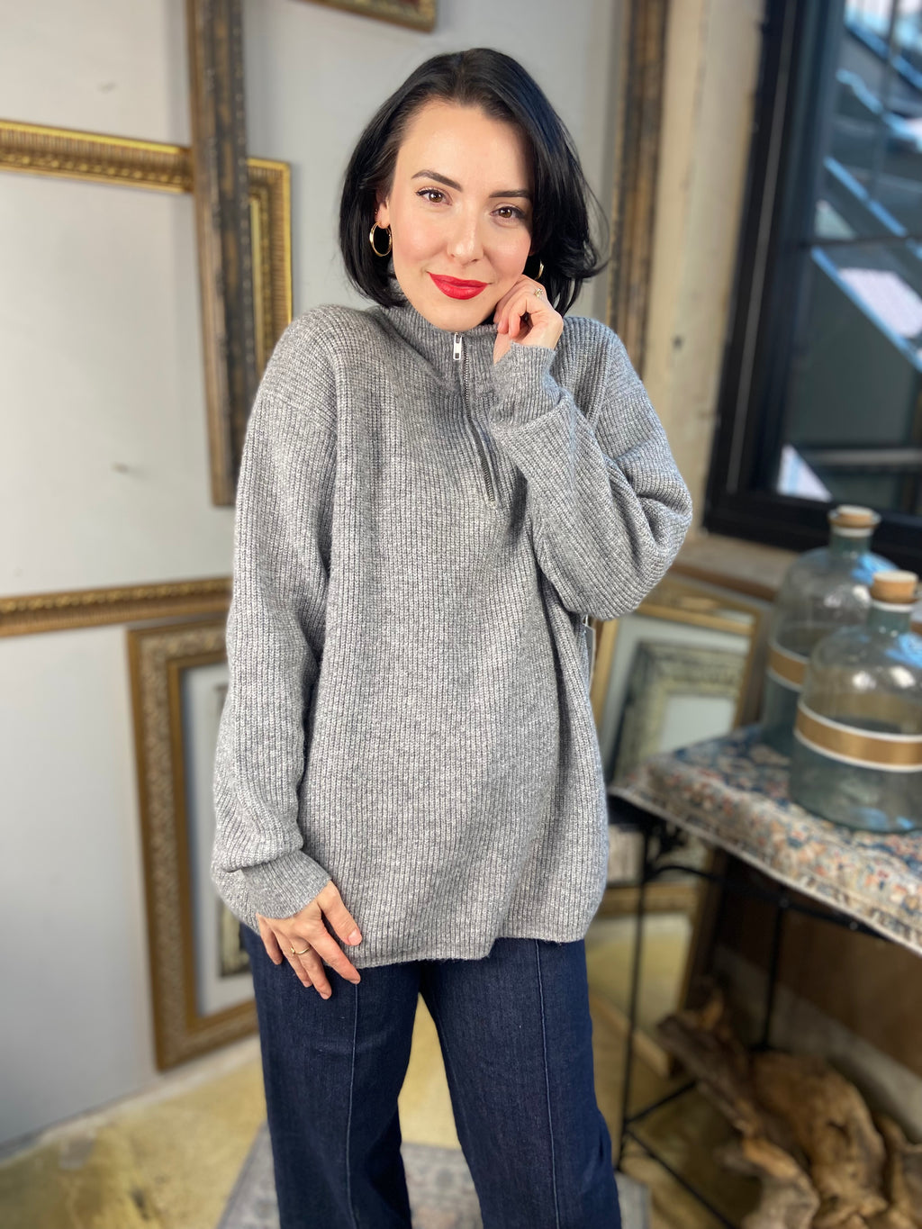 Riley Heather Gray Knit Half Zip Sweater