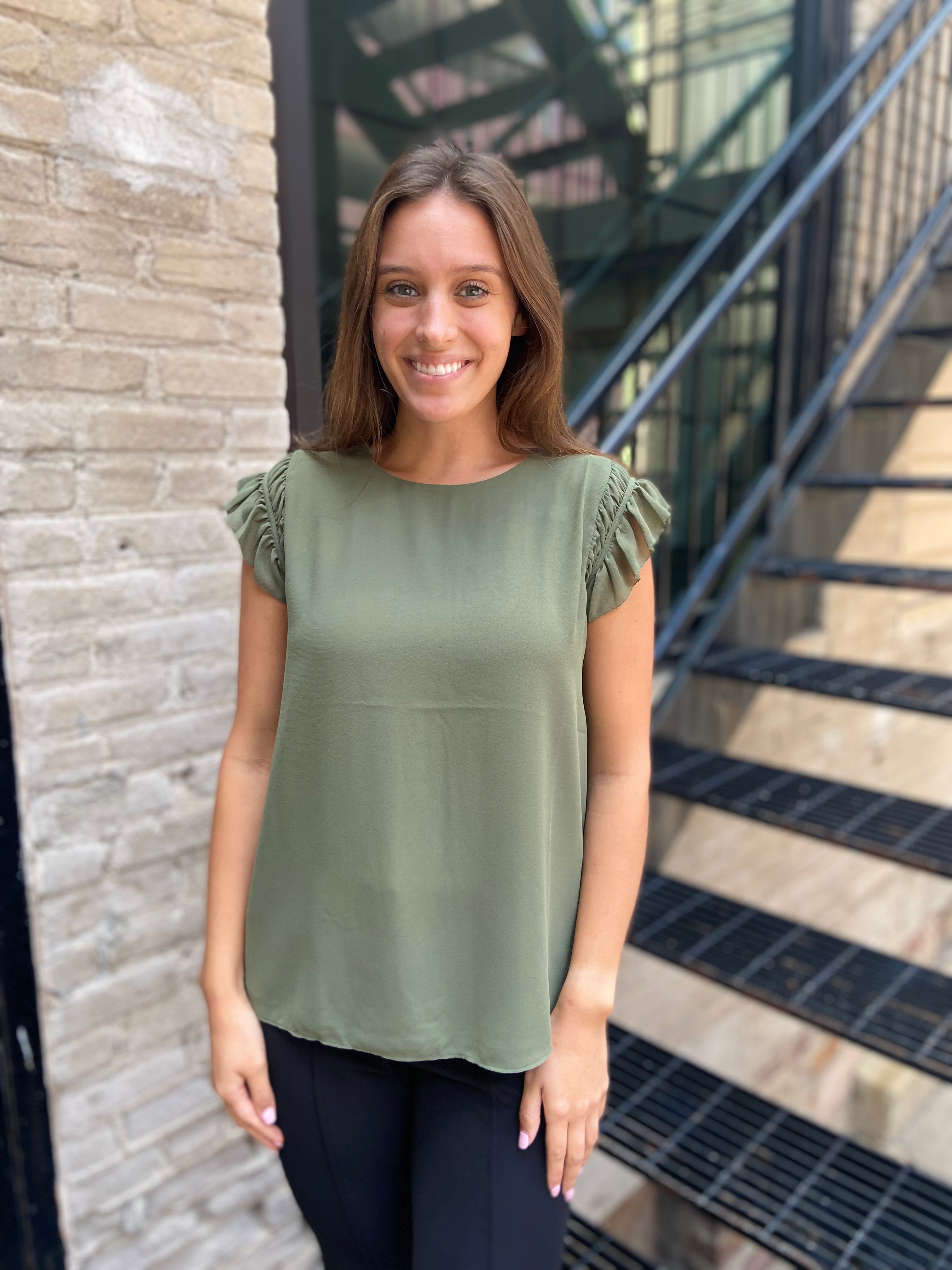 Miles Green Ruffled Shoulder Cap Sleeve Top