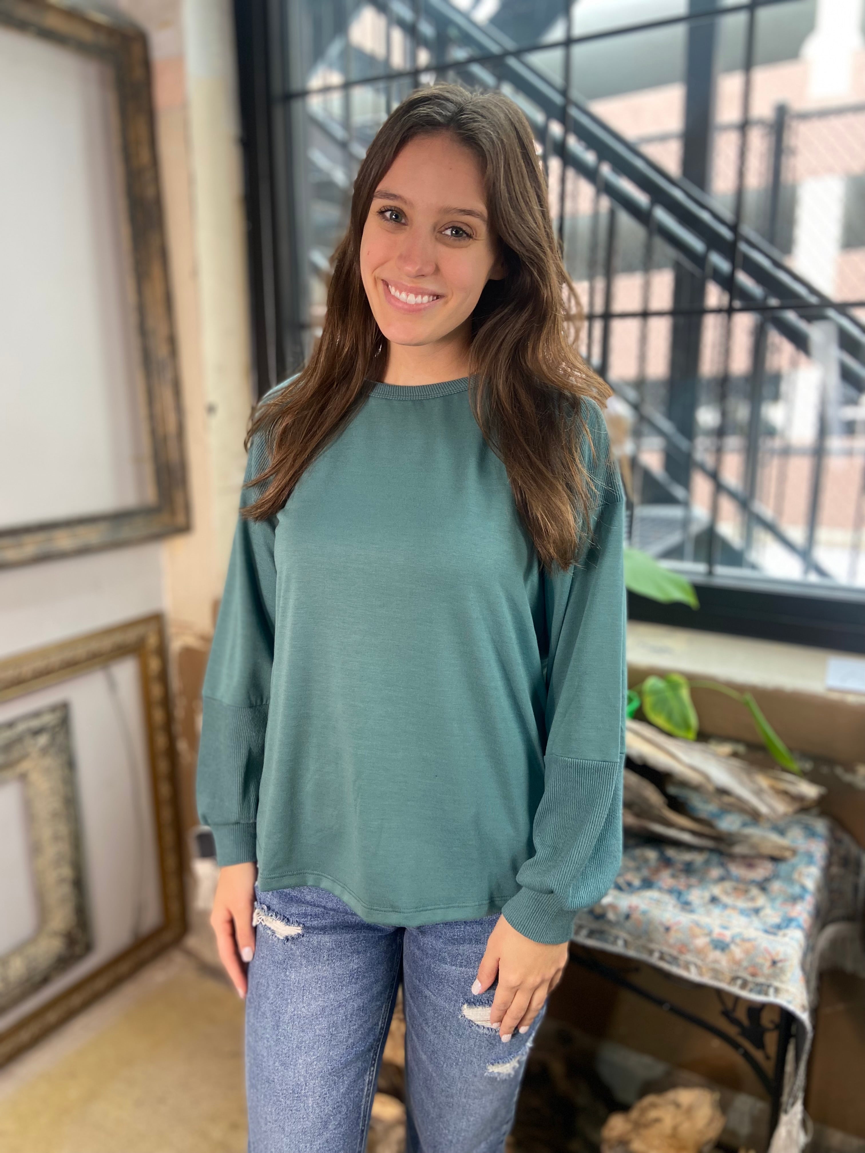 Olander Dusty Teal Wide Crew Neck Long Sleeve