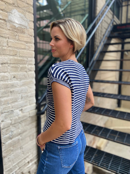 Hux Navy Striped Pocket Detail Short Sleeve Top