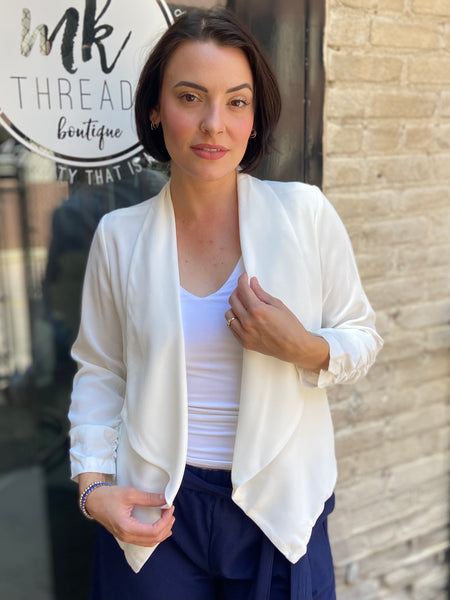 Sadi White Half Sleeve Open Cropped Blazer