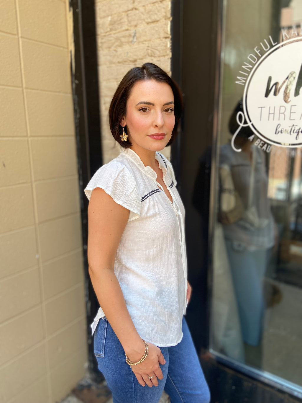 Wilder White & Black Detail Front Tie Top