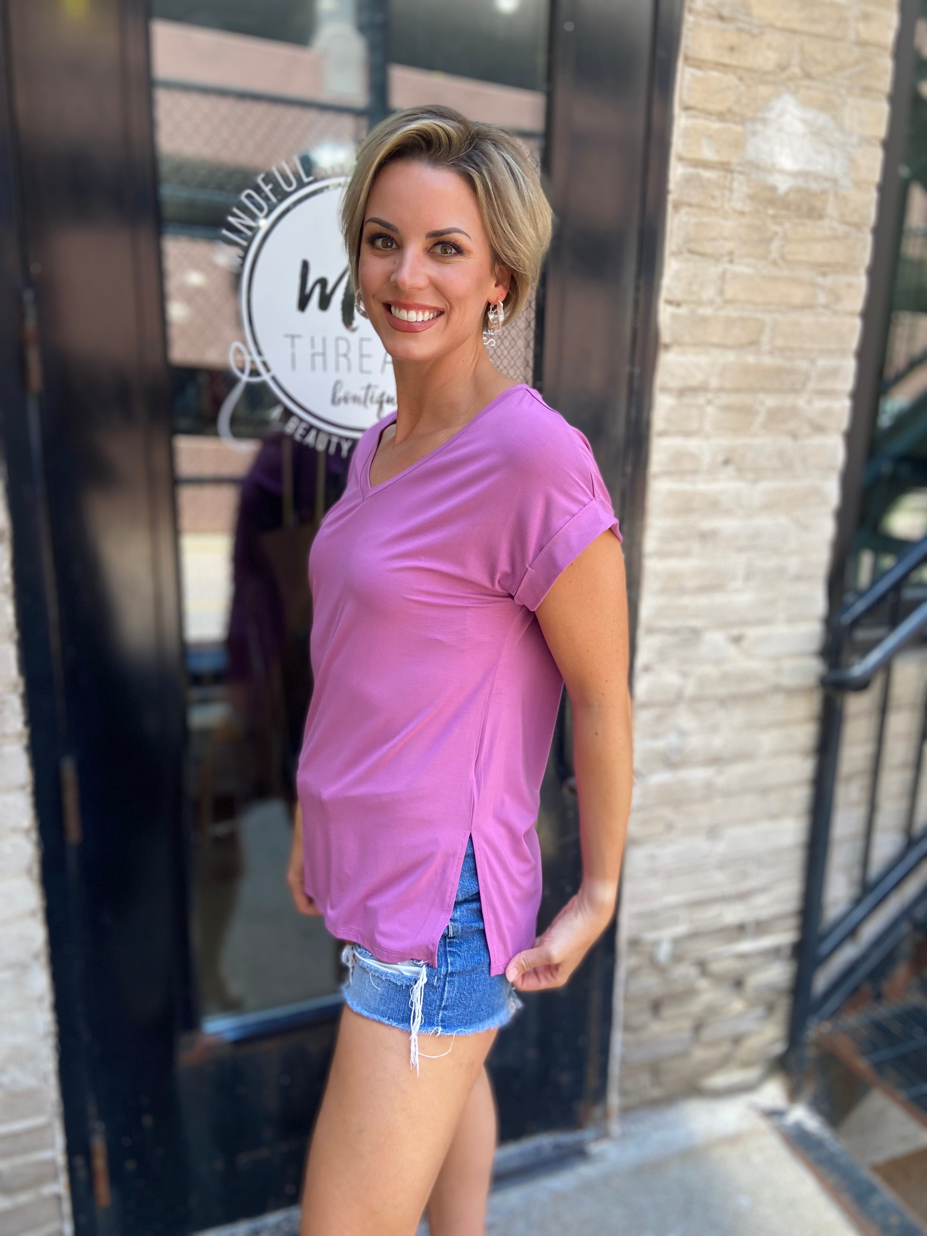 Mia Purple Oversized V Neck Tee - MK Threads Boutique