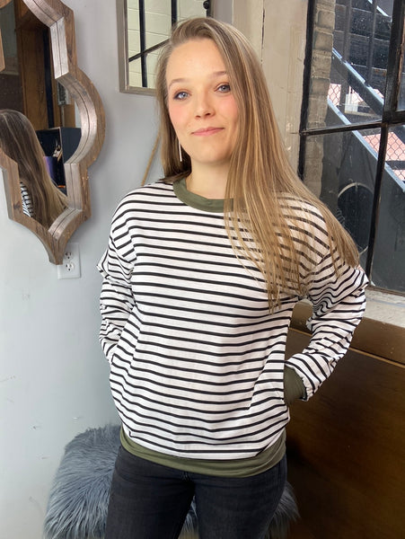 Colleen Striped Black, Ivory & Olive Sweatshirt