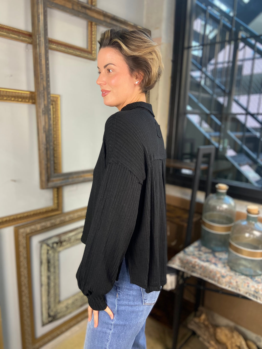 Bailey Black Quarter Split Ribbed Sweater