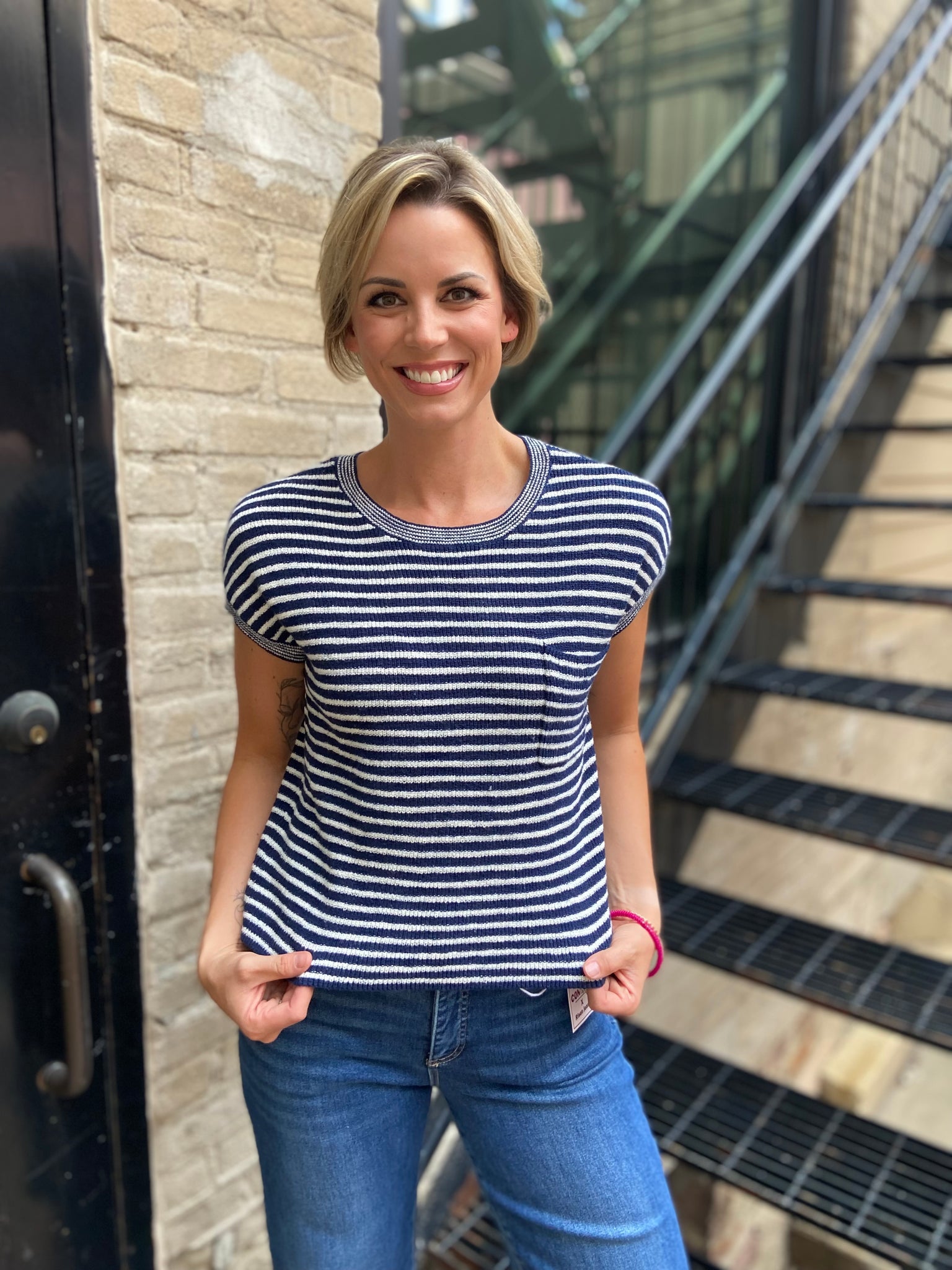 Hux Navy Striped Pocket Detail Short Sleeve Top