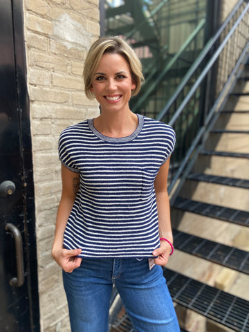 Hux Navy Striped Pocket Detail Short Sleeve Top