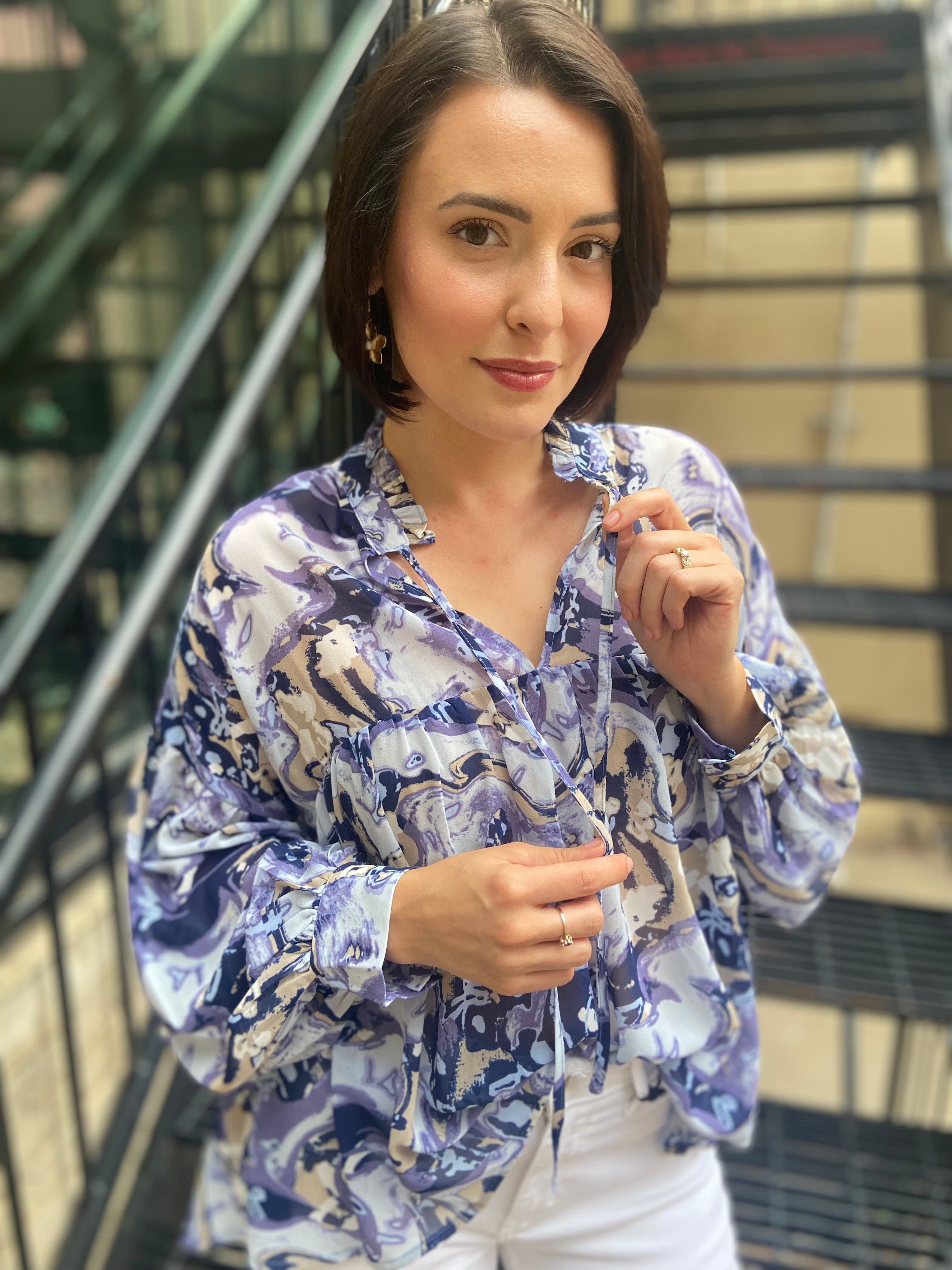 Dallas Slate Blue Marble  Long Sleeve Blouse