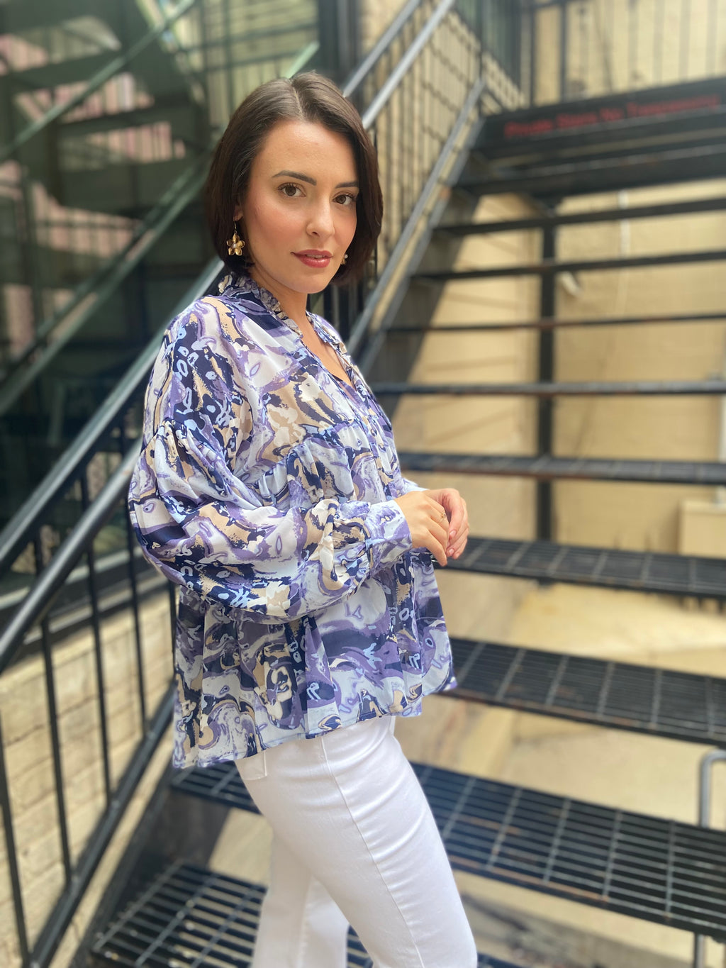 Dallas Slate Blue Marble  Long Sleeve Blouse