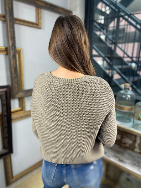 Back view of a cocoa colored chunky style sweater from Blu Pepper paired with blue jeans