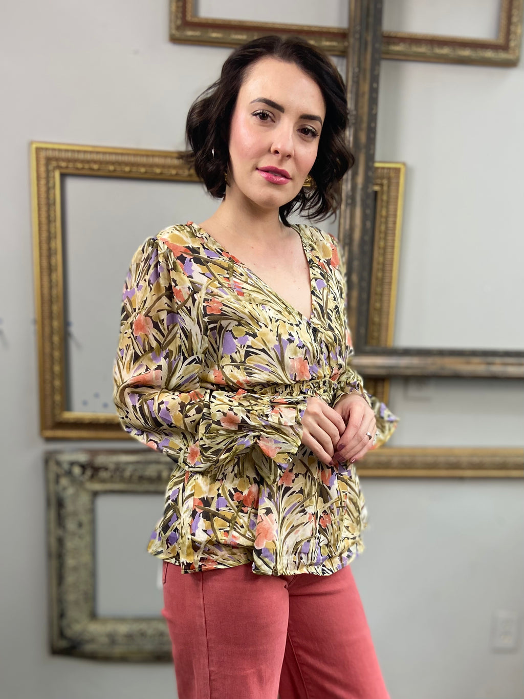 Ezra Olive Floral Pattern Long Sleeve Blouse - MK Threads Boutique