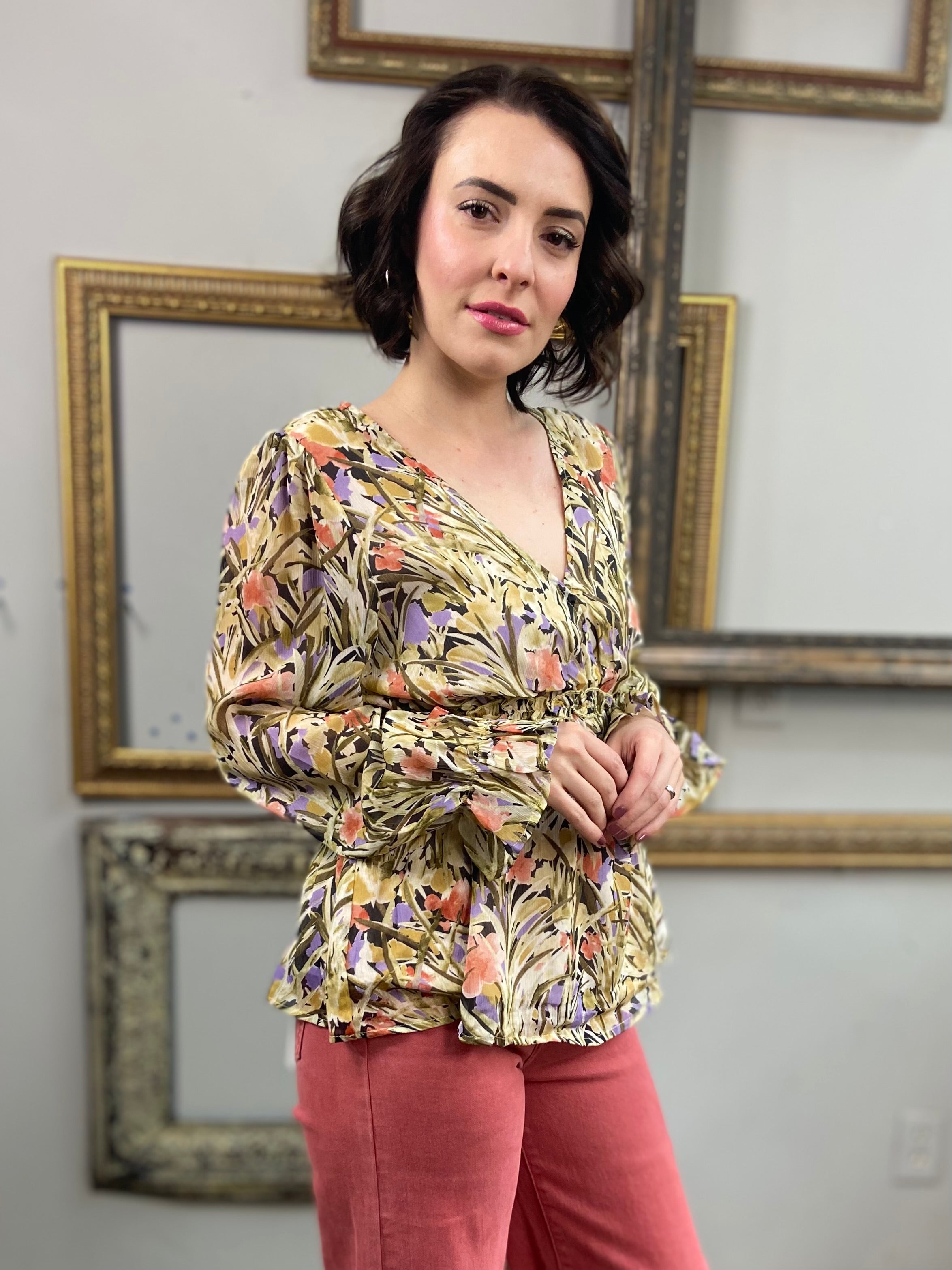 Ezra Olive Floral Pattern Long Sleeve Blouse - MK Threads Boutique