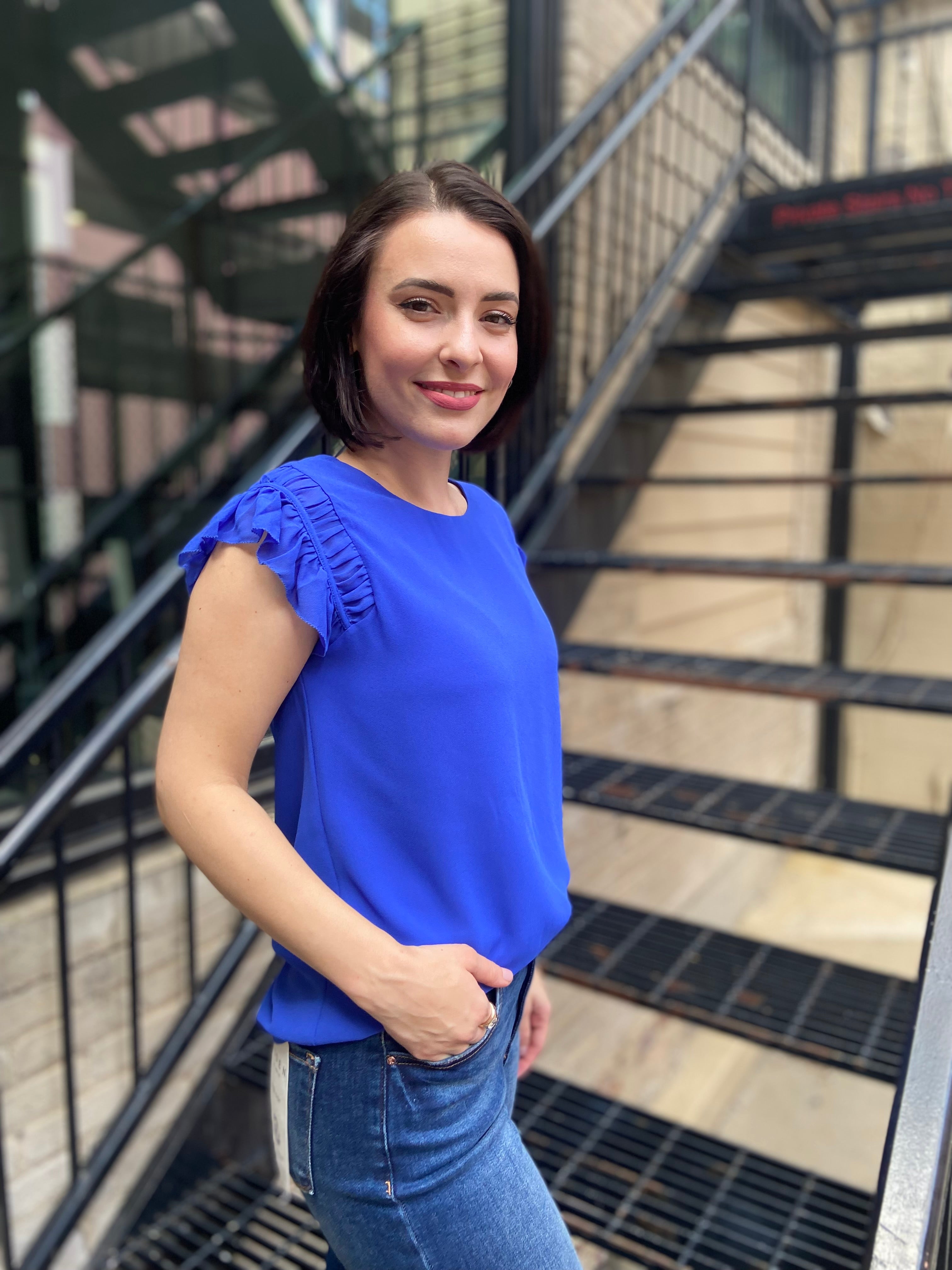 Miles Blue Ruffled Shoulder Cap Sleeve Top