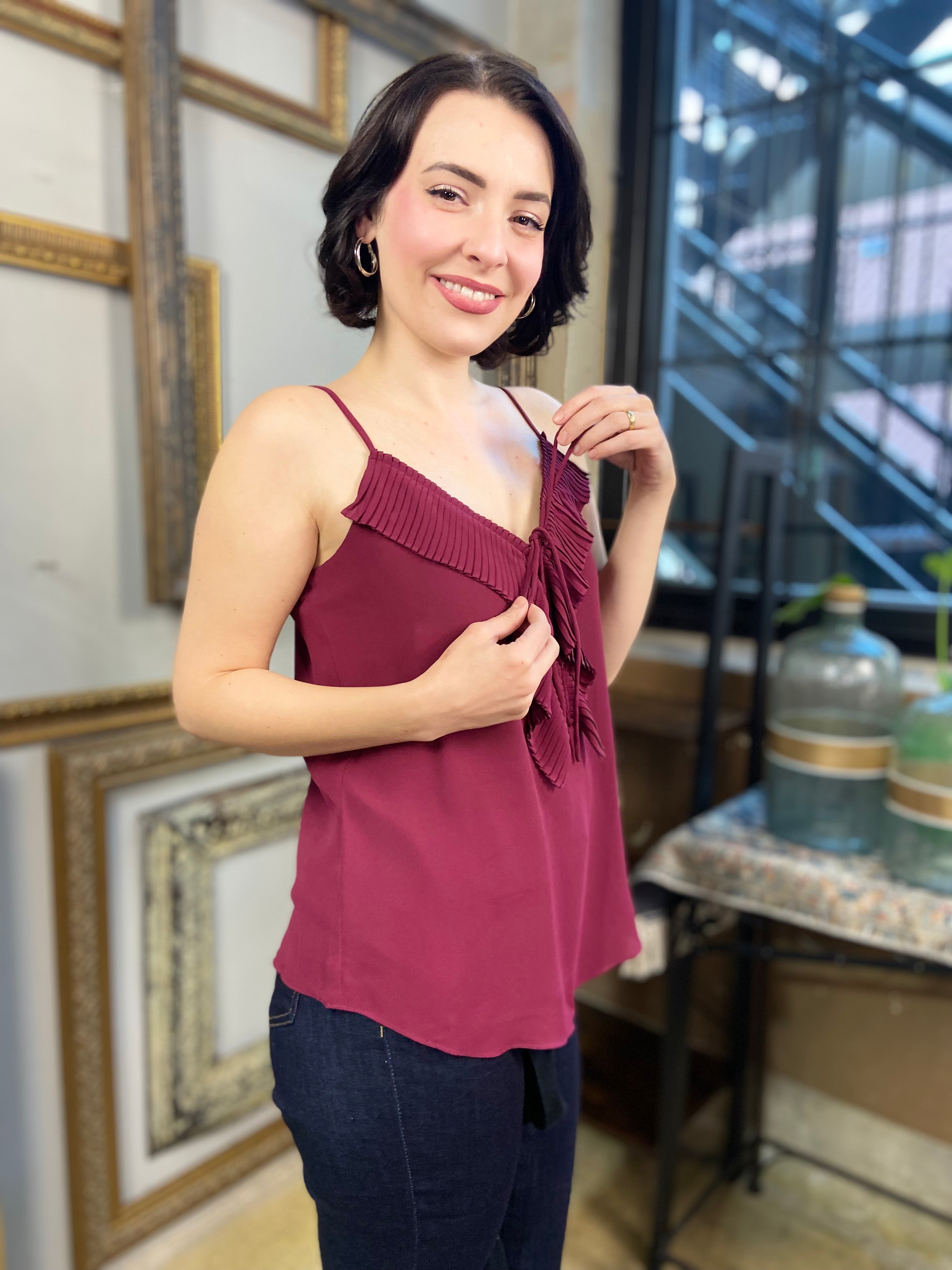 Tessa Wine Pleated Ruffle Cami Top