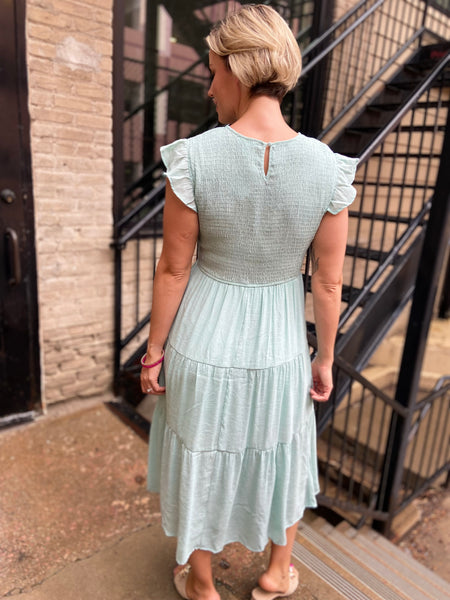 Stella Light Teal Smocked Tiered Midi Dress