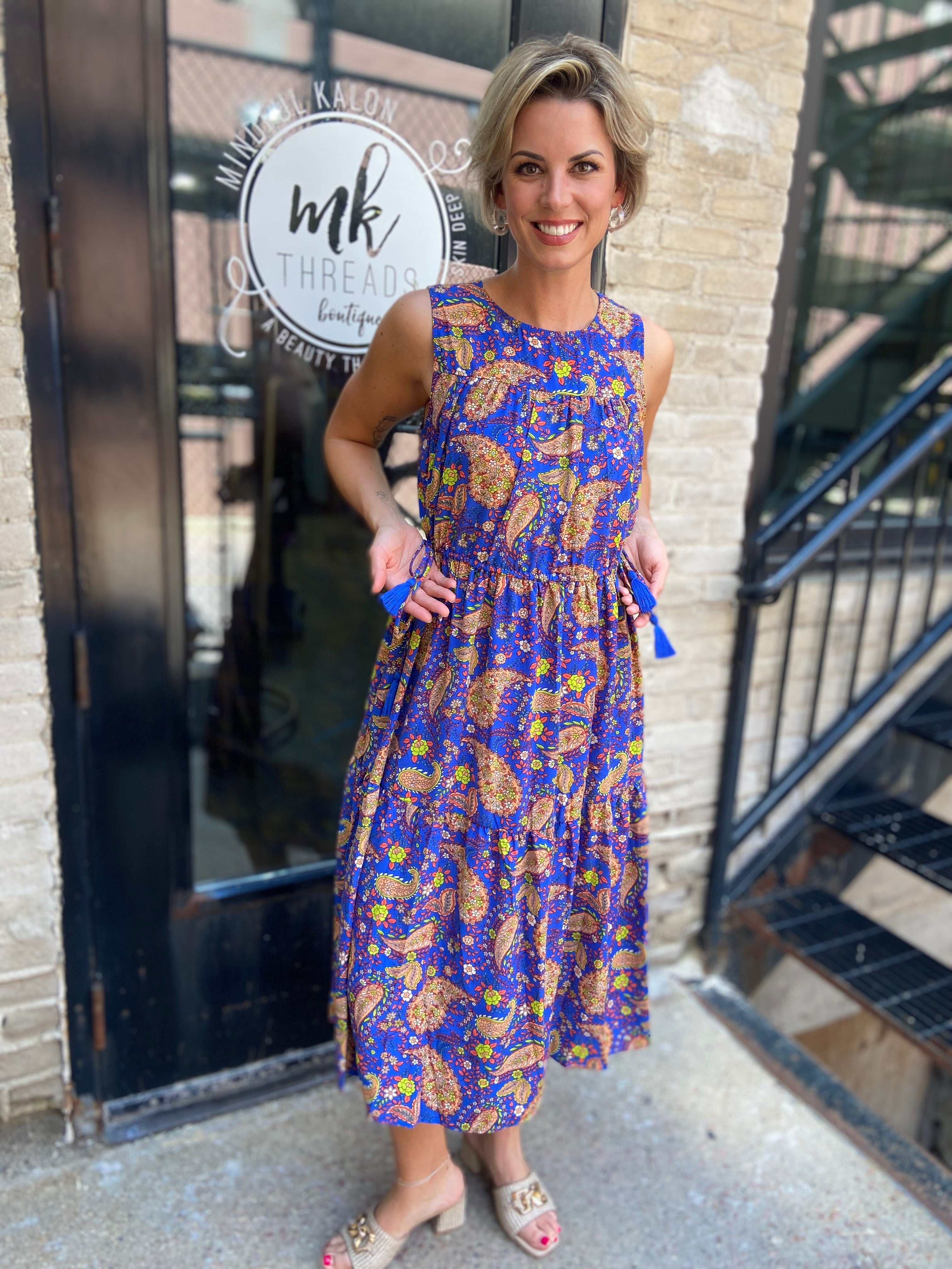 Riri Royal Blue Paisley Print Midi Dress