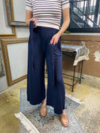 Barry Navy Blue Front Tie Knit Palazzo Pants - MK Threads Boutique