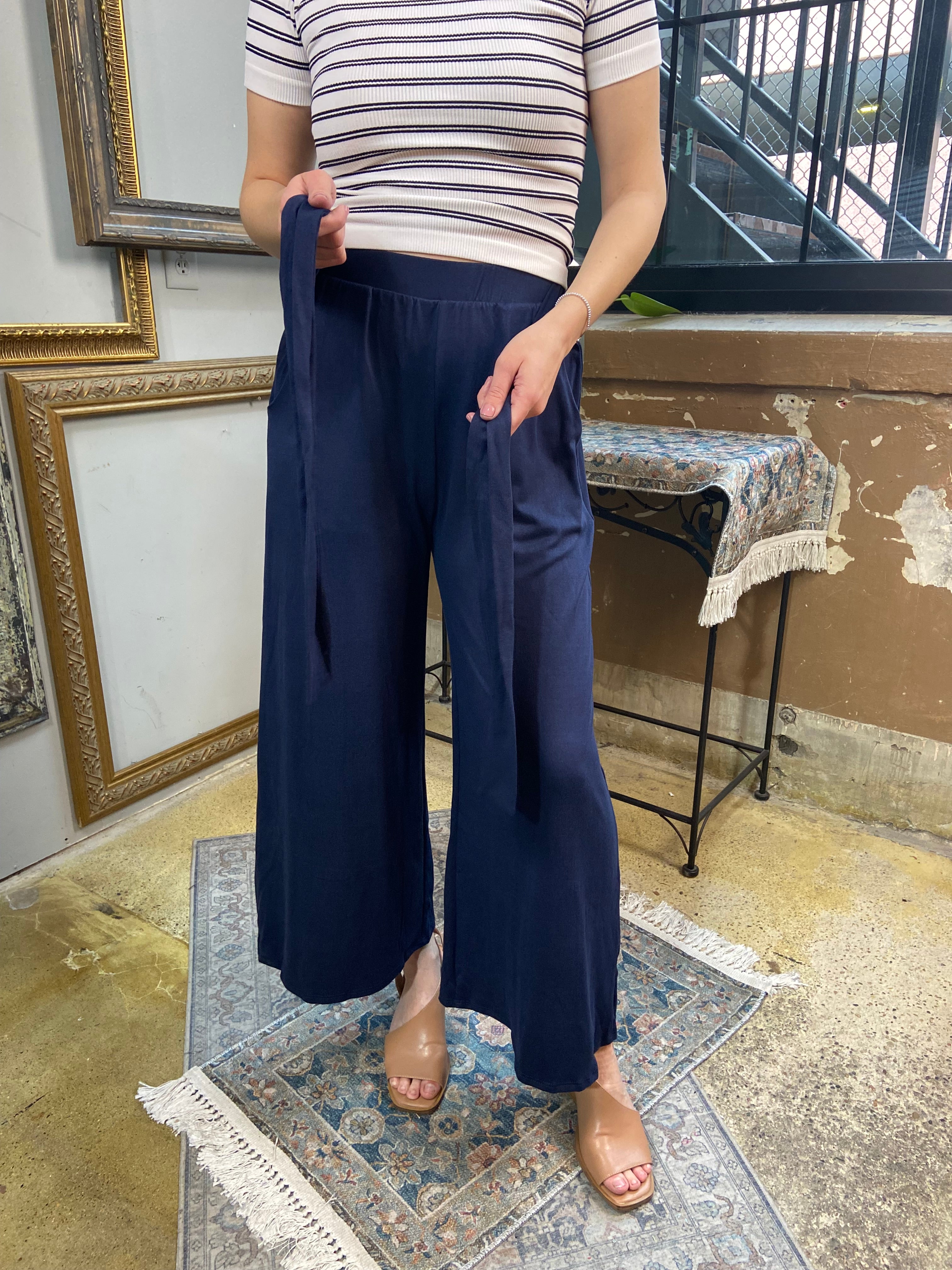 Barry Navy Blue Front Tie Knit Palazzo Pants - MK Threads Boutique