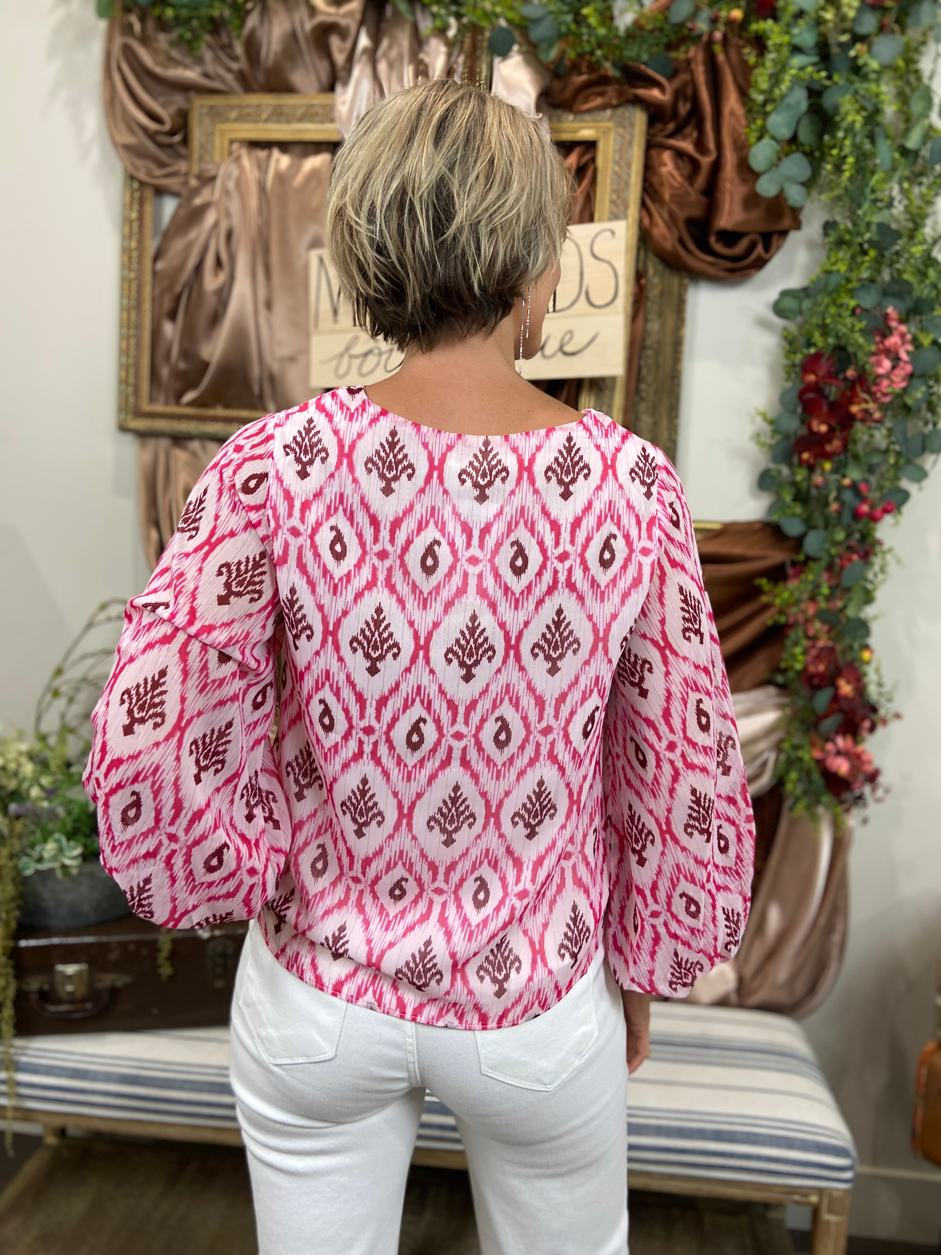 Polly Hot Pink Detail Pattern Long Sleeve Blouse