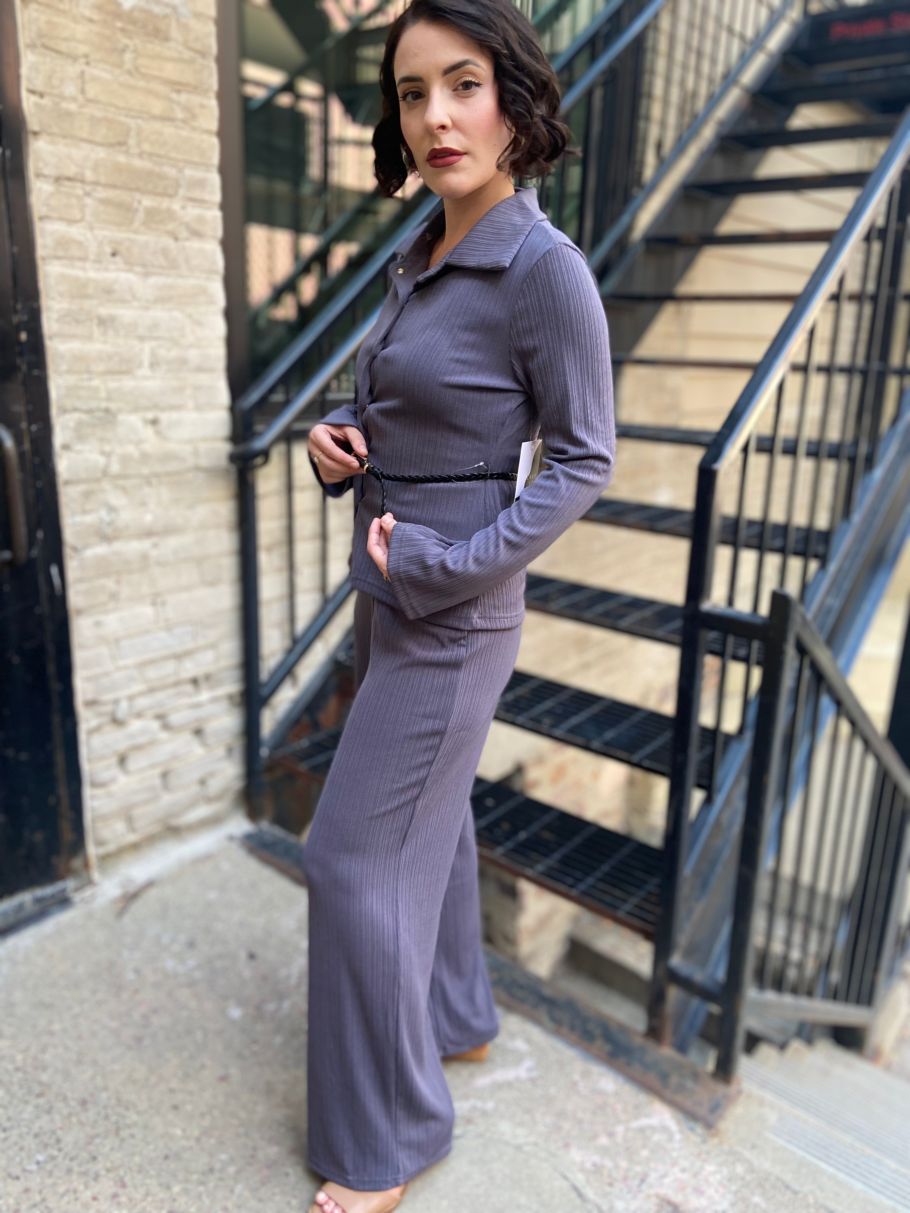 Sofie Gray Button Up Belted Crinkle Set