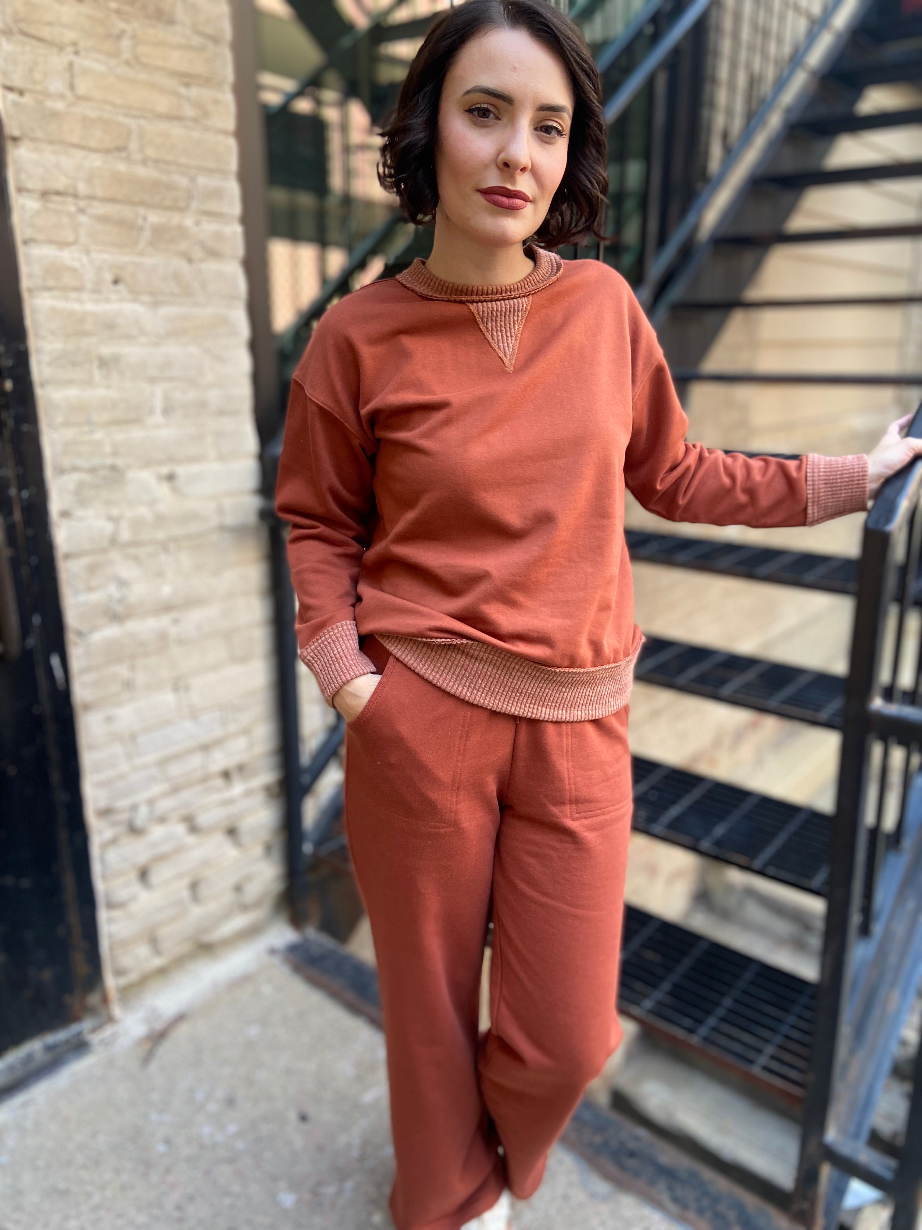 Stephanie Rust Ribbed Terry Knit Crewneck