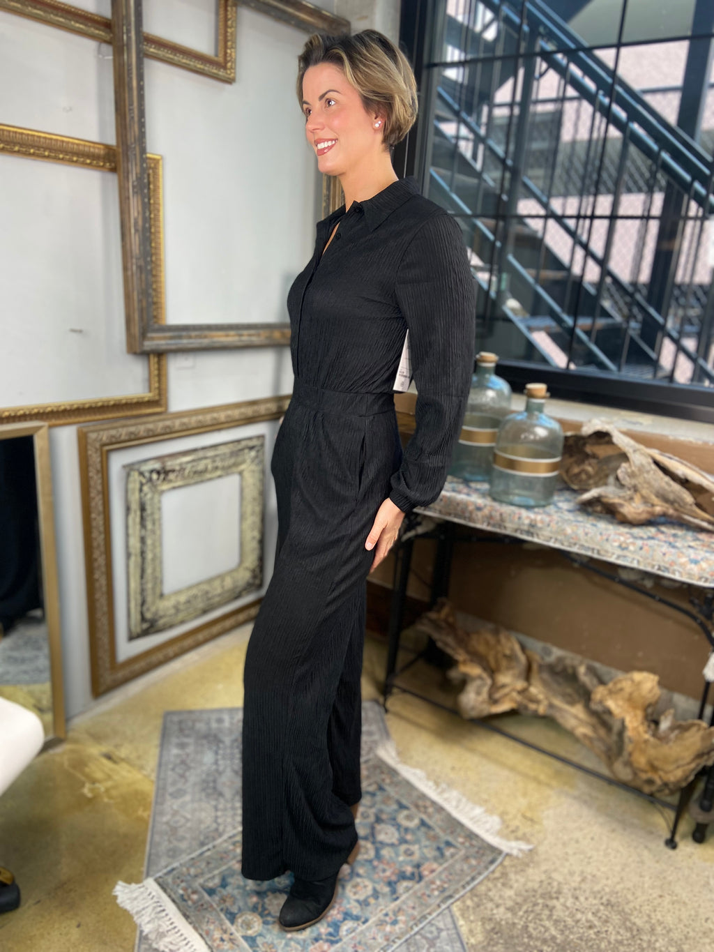 Lillie Black Long Sleeve Button Up Crinkle Jumpsuit