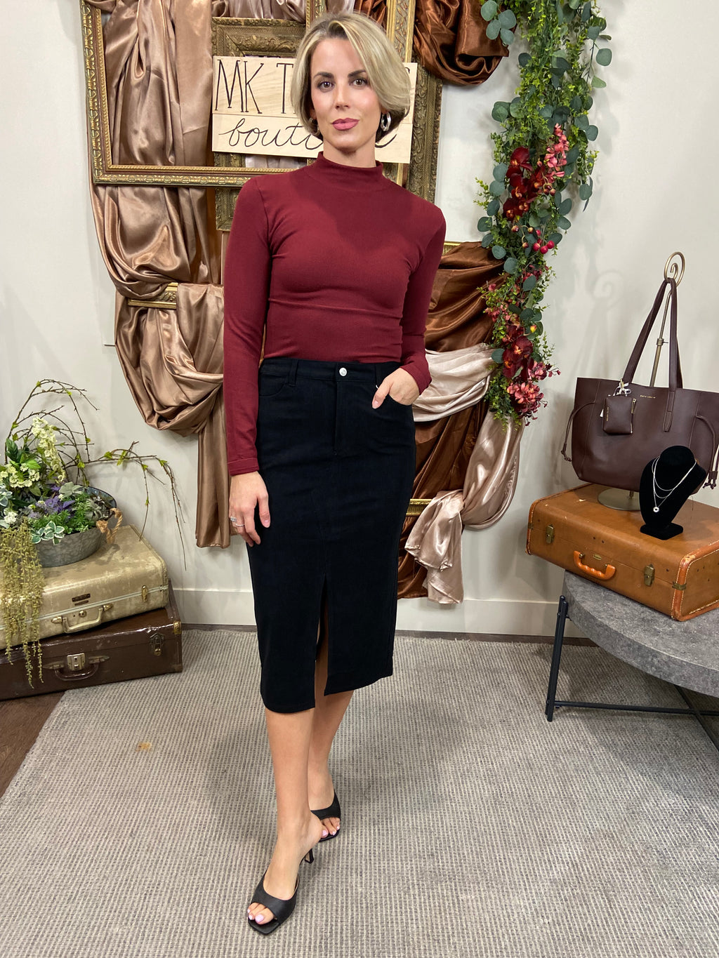 Noel Burgundy Mock Neck Long Sleeve Top