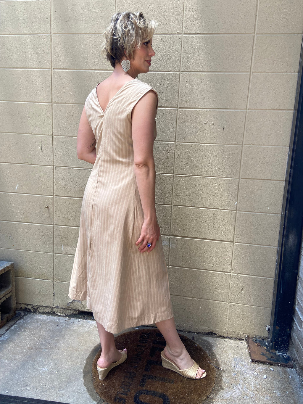Theo Beige V Neck Striped Midi Dress - MK Threads Boutique