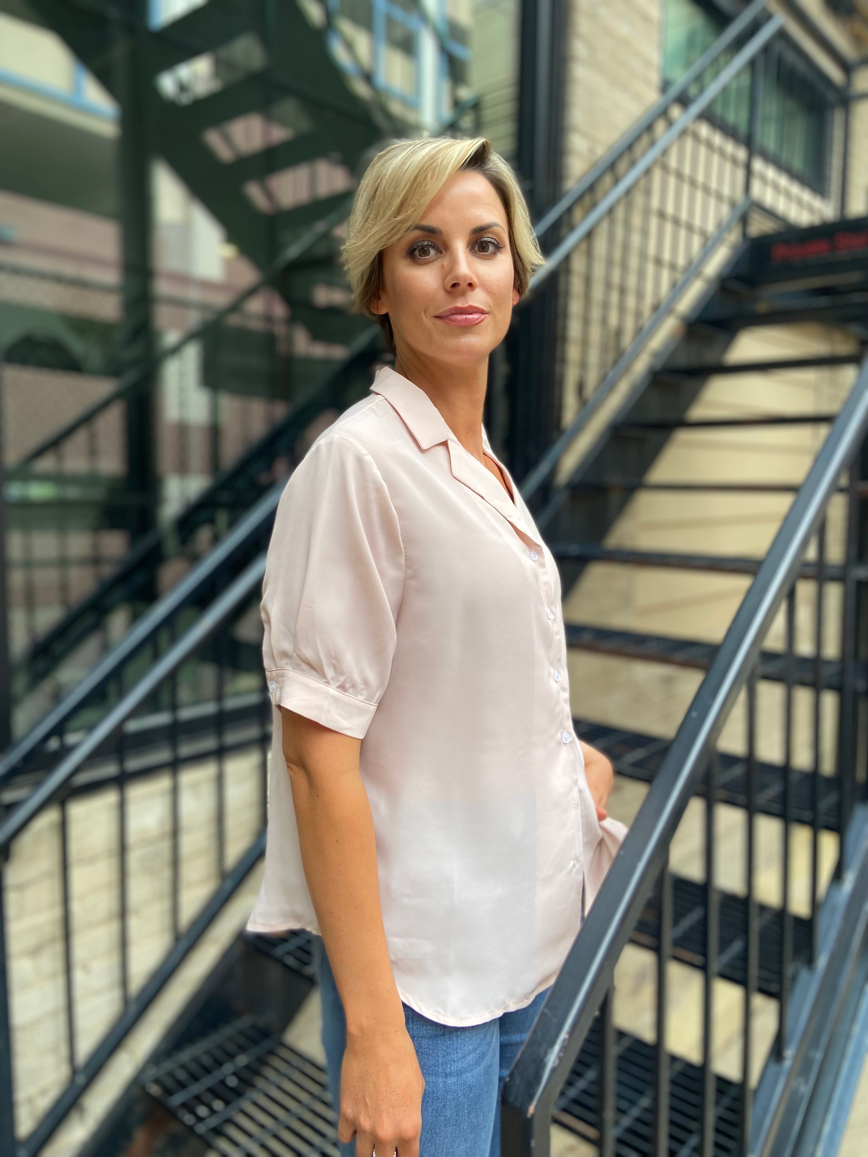 Linda Blush Pink Collard Button Down Top