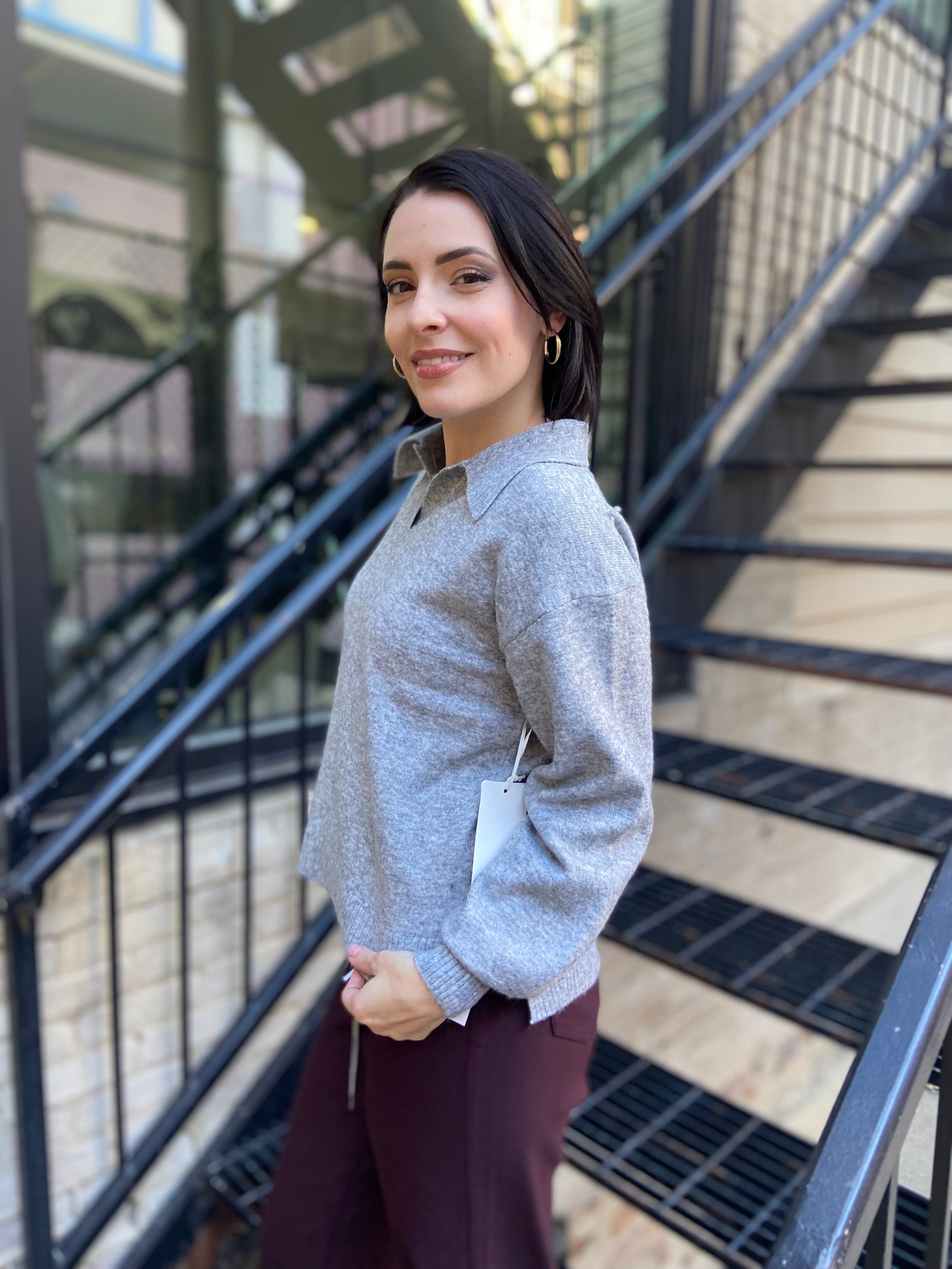 Skye Heather Gray Polo Knit Sweater