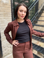 Eli dark Brown Suede Long Sleeve Button Up Top