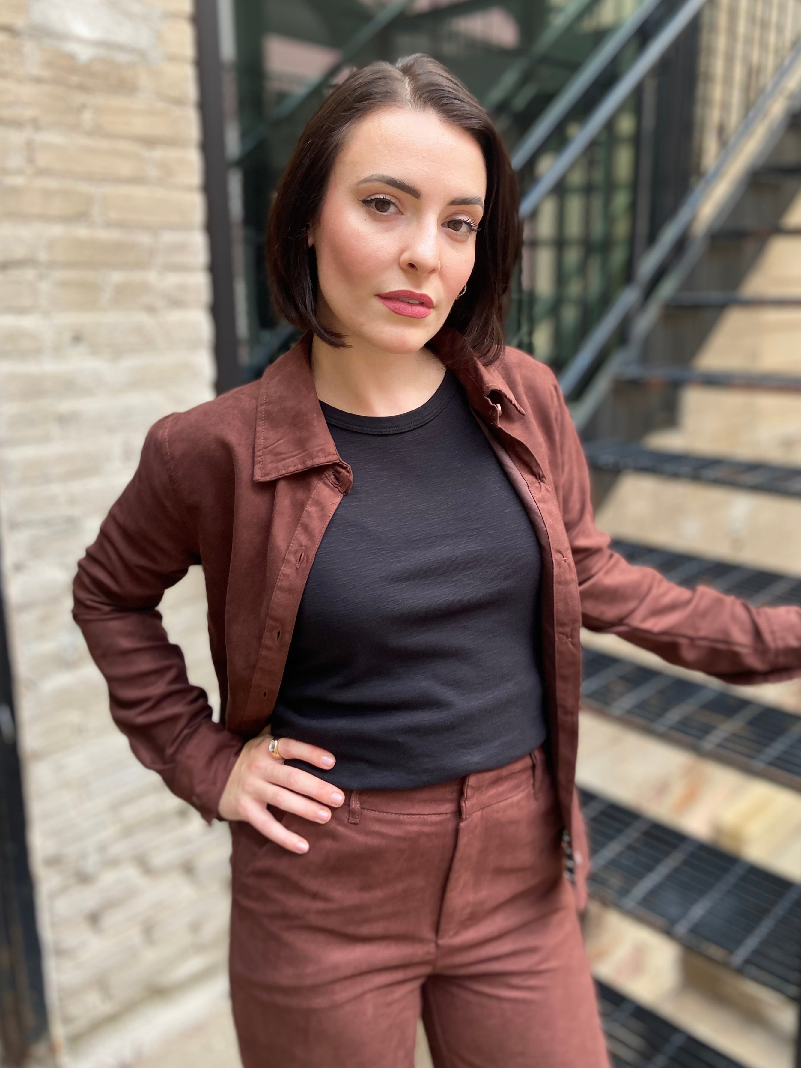 Eli dark Brown Suede Long Sleeve Button Up Top