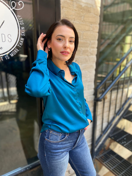 Eloise Teal Satin Button Down Top