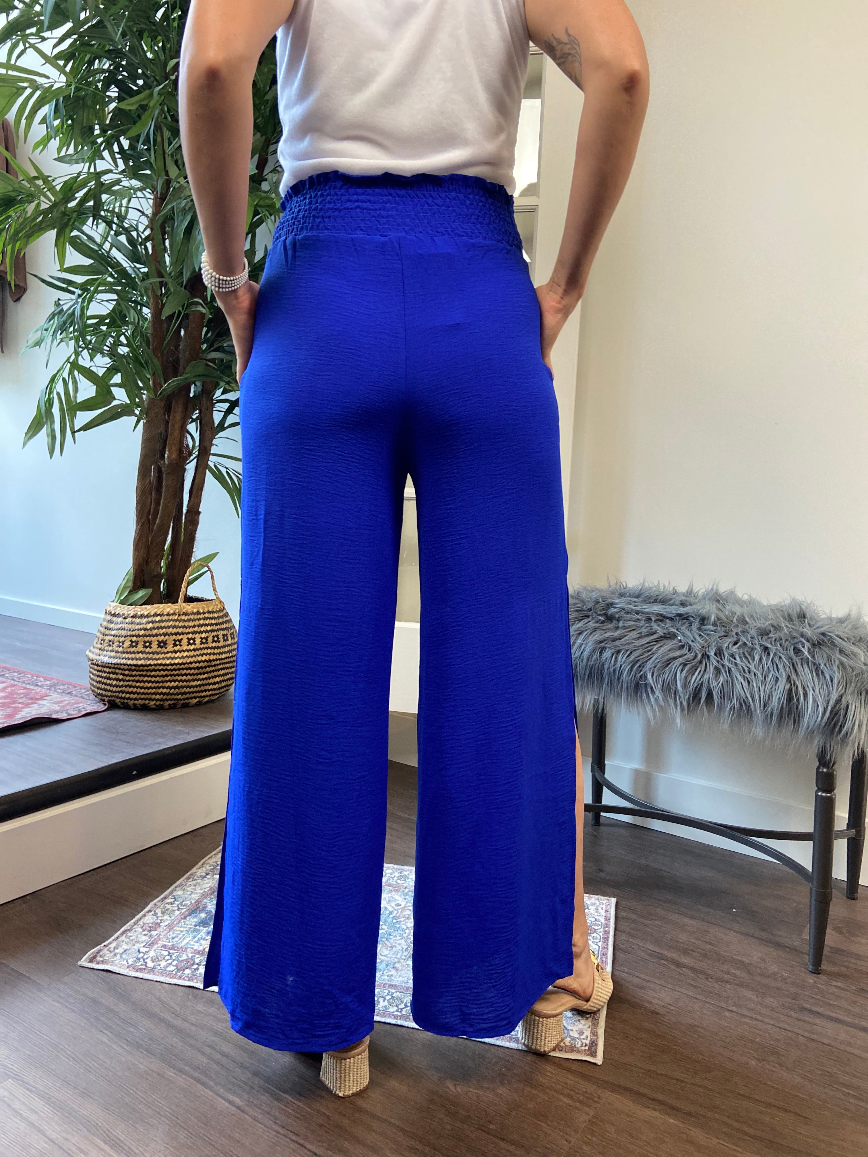 Koa Royal Blue Smocked Slit Pants - MK Threads Boutique