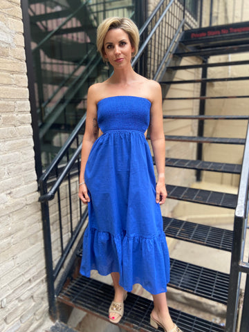 Grace Royal Blue Smocked Strapless Midi dress