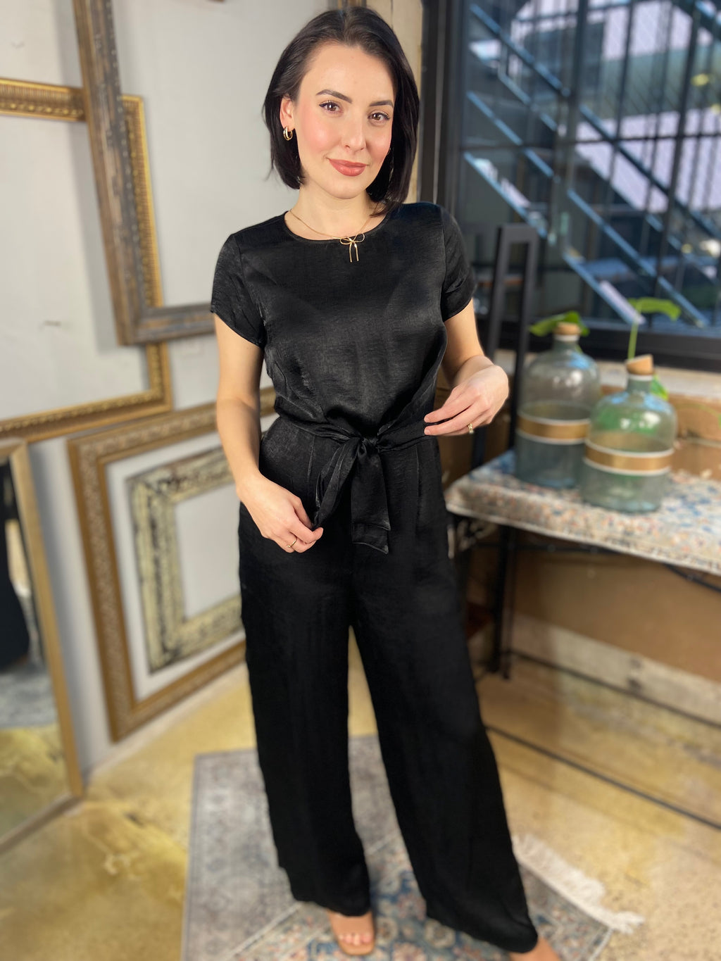 Amber Black Short Sleeve Front Tie Romper