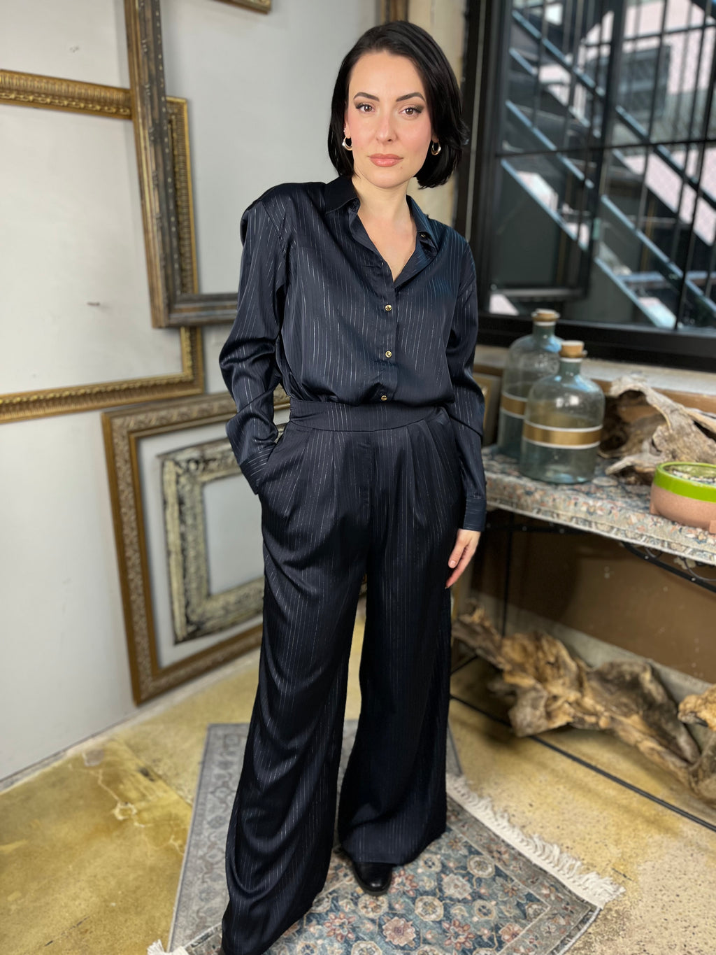 Sabrina Navy Wide Leg Pintuck Pants