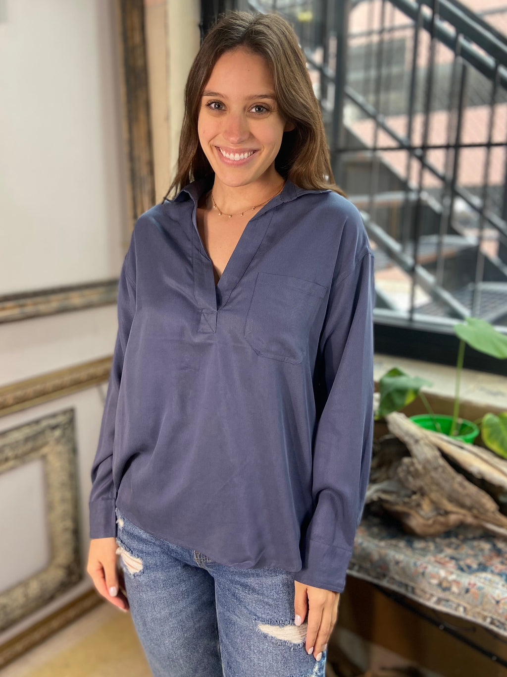 Quin Blue V Neck Long Sleeve Blouse