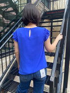 Miles Blue Ruffled Shoulder Cap Sleeve Top