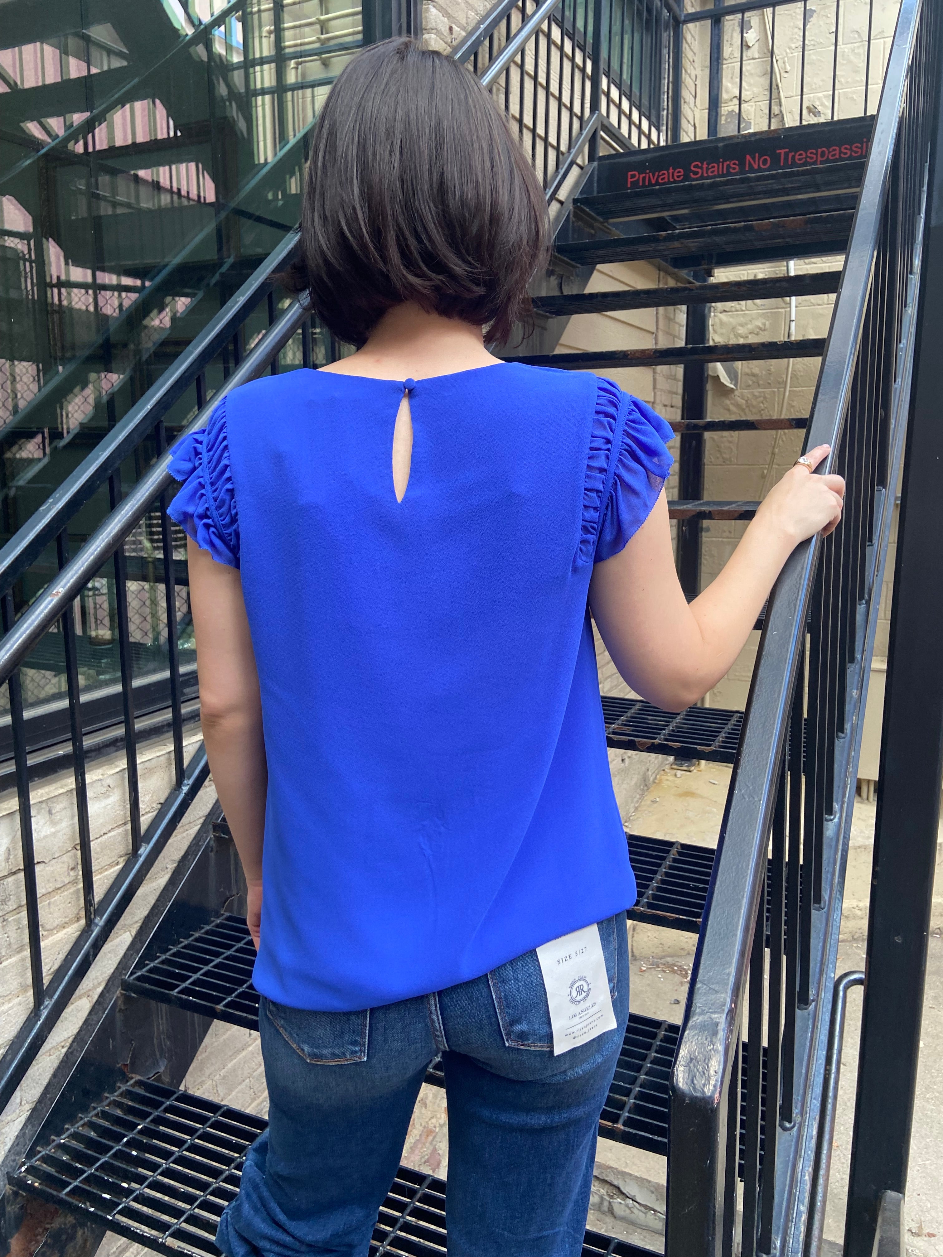 Miles Blue Ruffled Shoulder Cap Sleeve Top