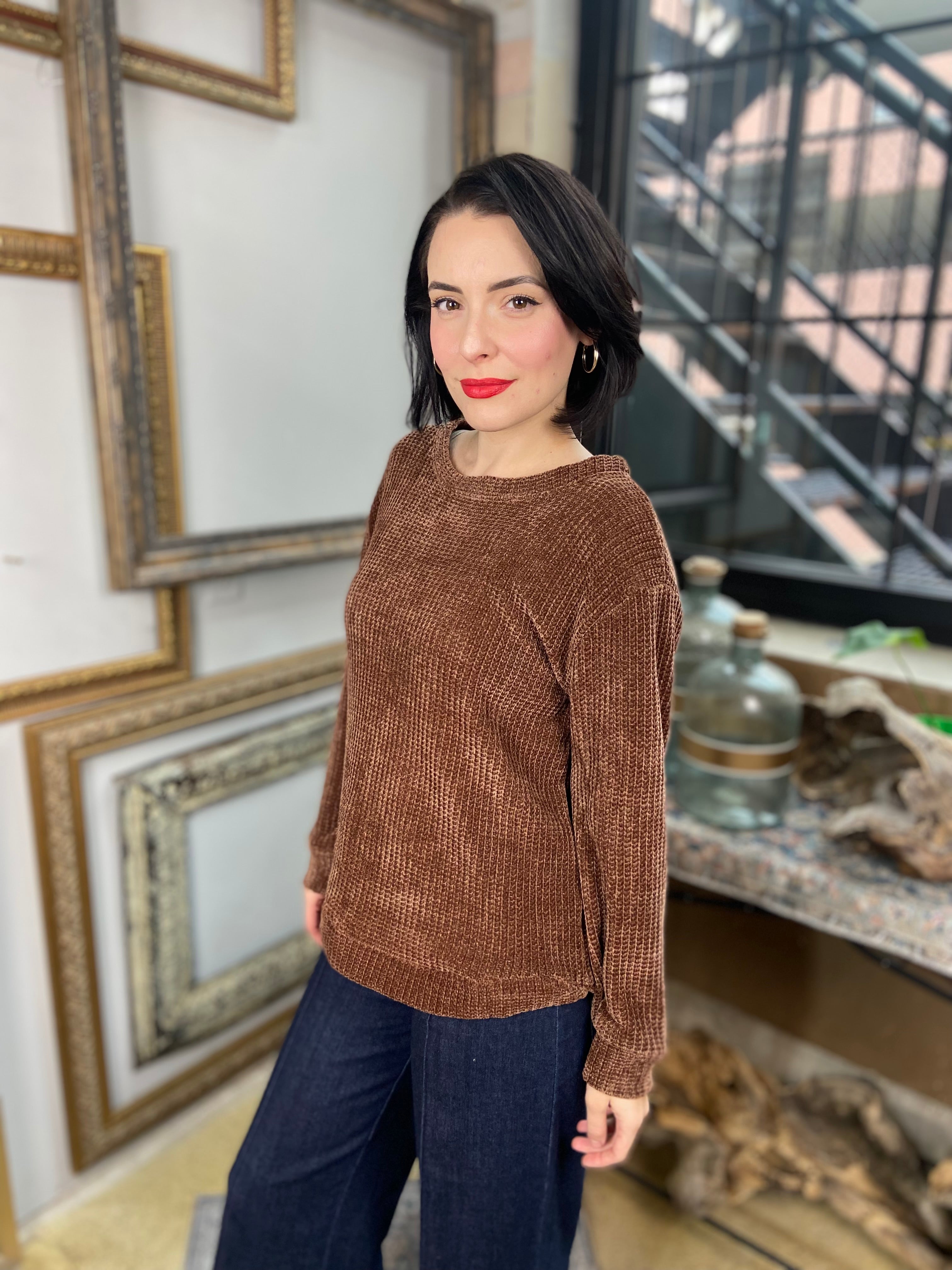 Kayla Brown Chenille Waffle Round Neck Sweater