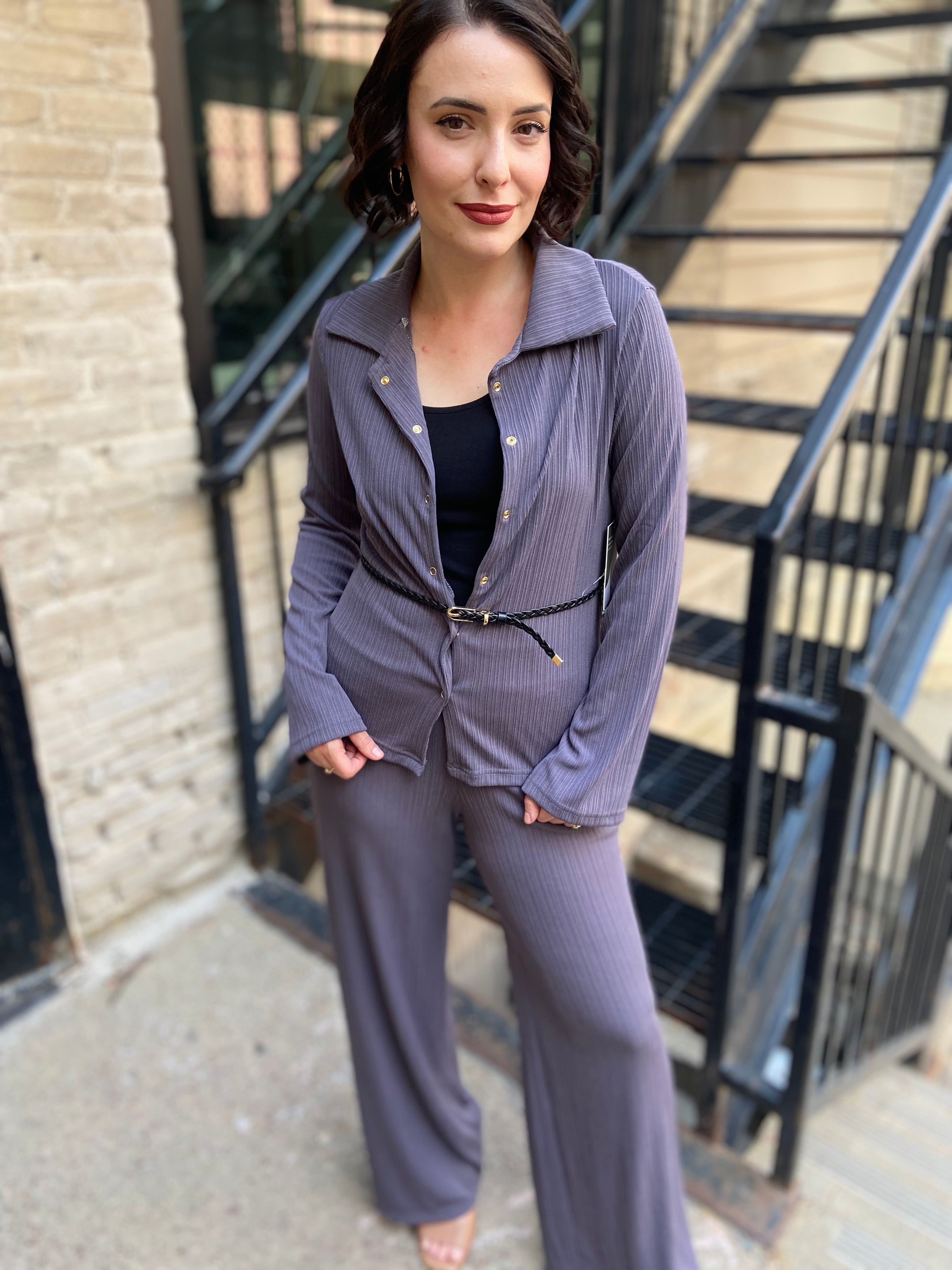 Sofie Gray Button Up Belted Crinkle Set