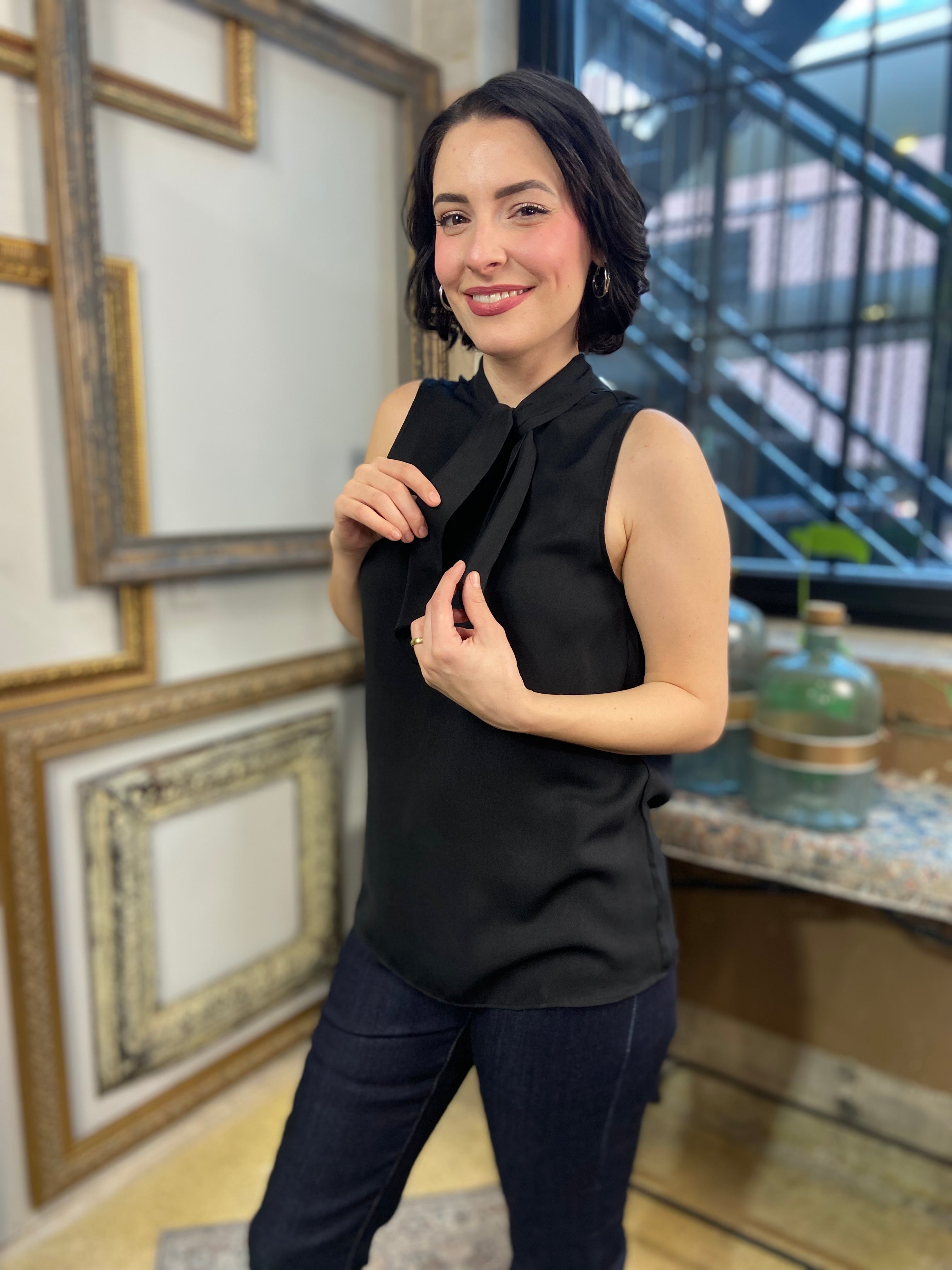 KiKi Black Sleeveless Neck Tie Blouse