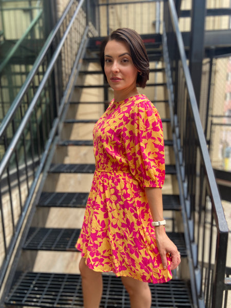 Zoka Peach & Fuchsia Blossom Mini Dress