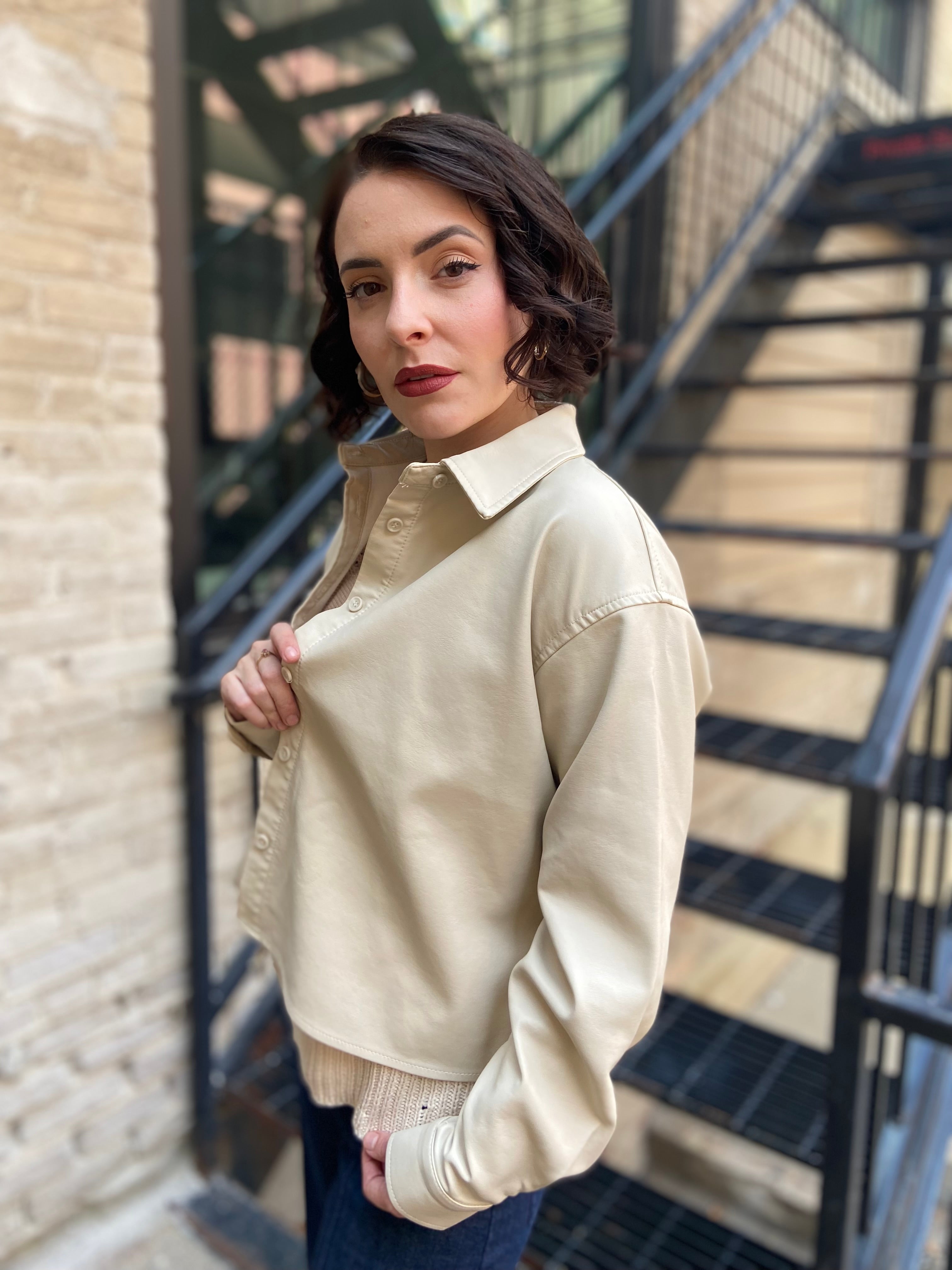 Marlowe Ecru Cropped Faux Leather Jacket