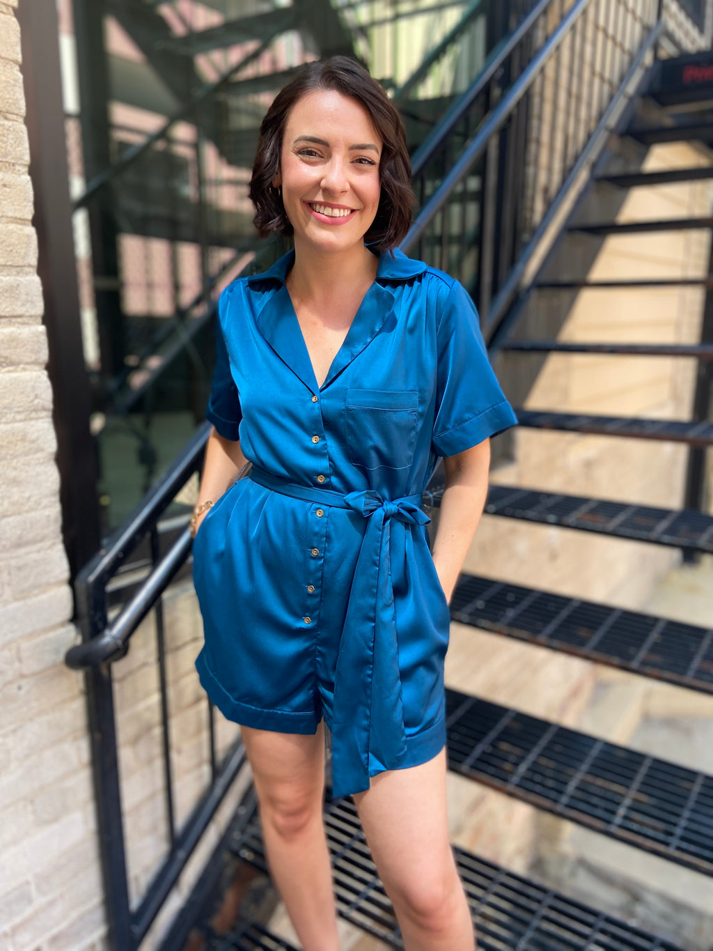 Harper Teal Satin Romper