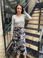 Skye Black & White Floral Satin Midi Skirt