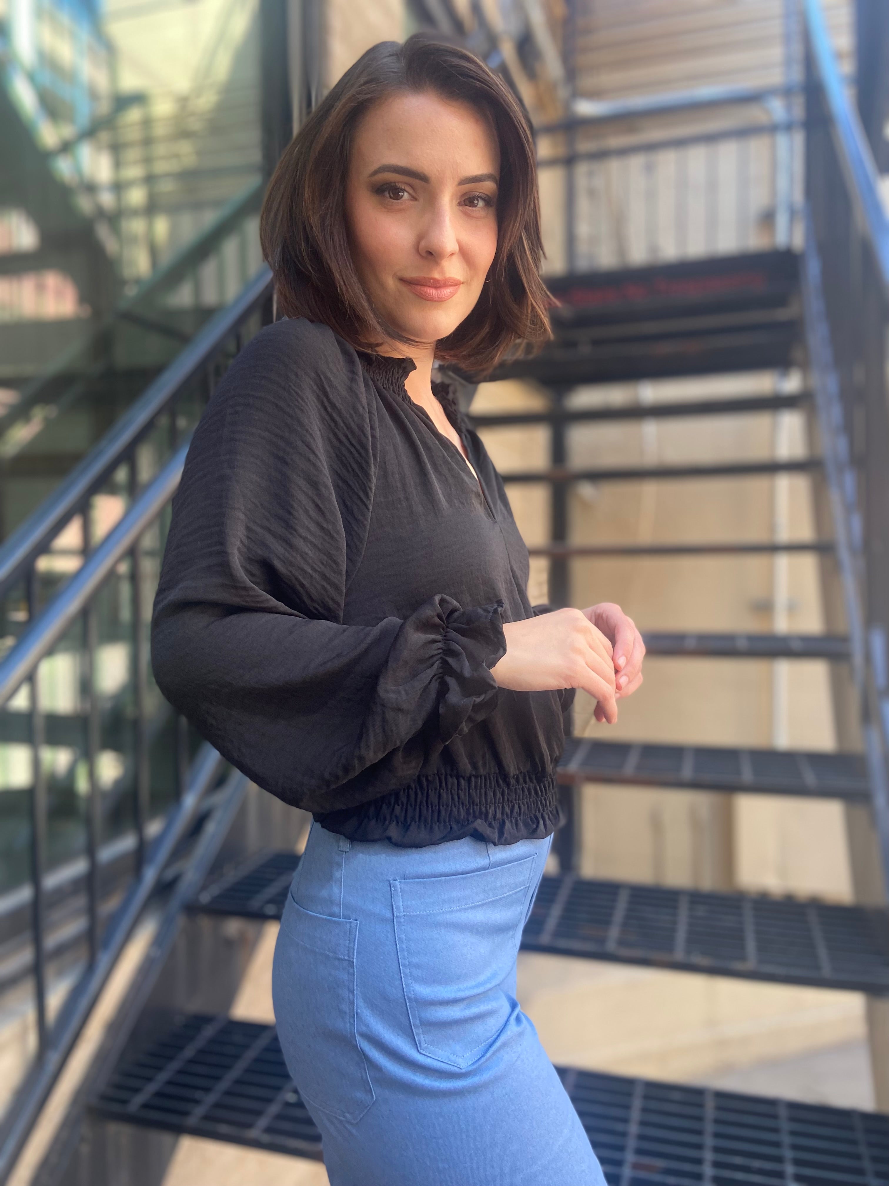 Nora Black Smocked Long Sleeve Blouse - MK Threads Boutique