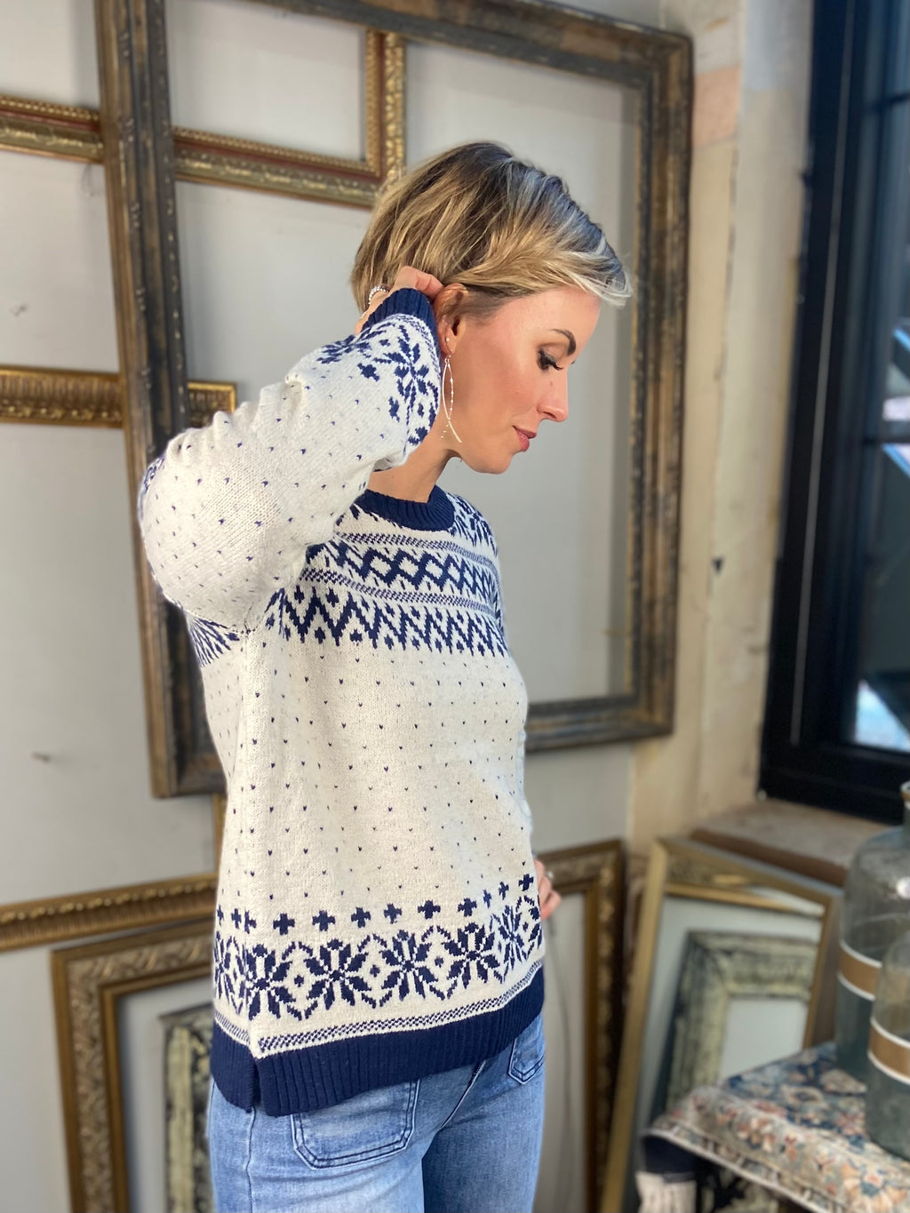 Ellisa Ivory & Navy Pattern Knit Sweater